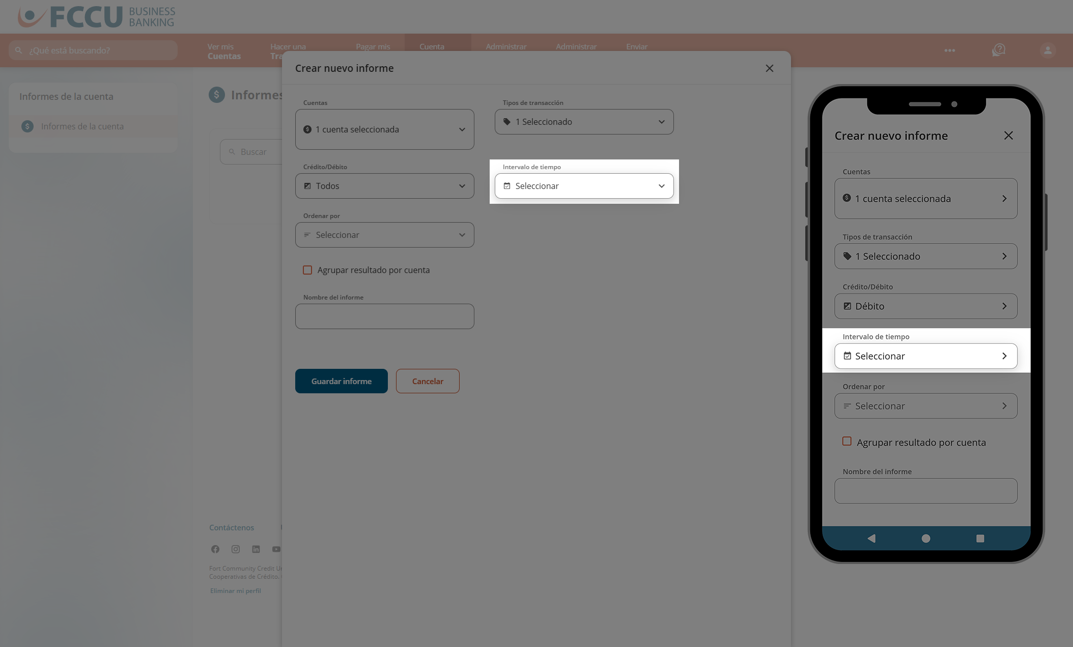 Captura de pantalla de la página 'Crear nuevo informe' de la banca digital.