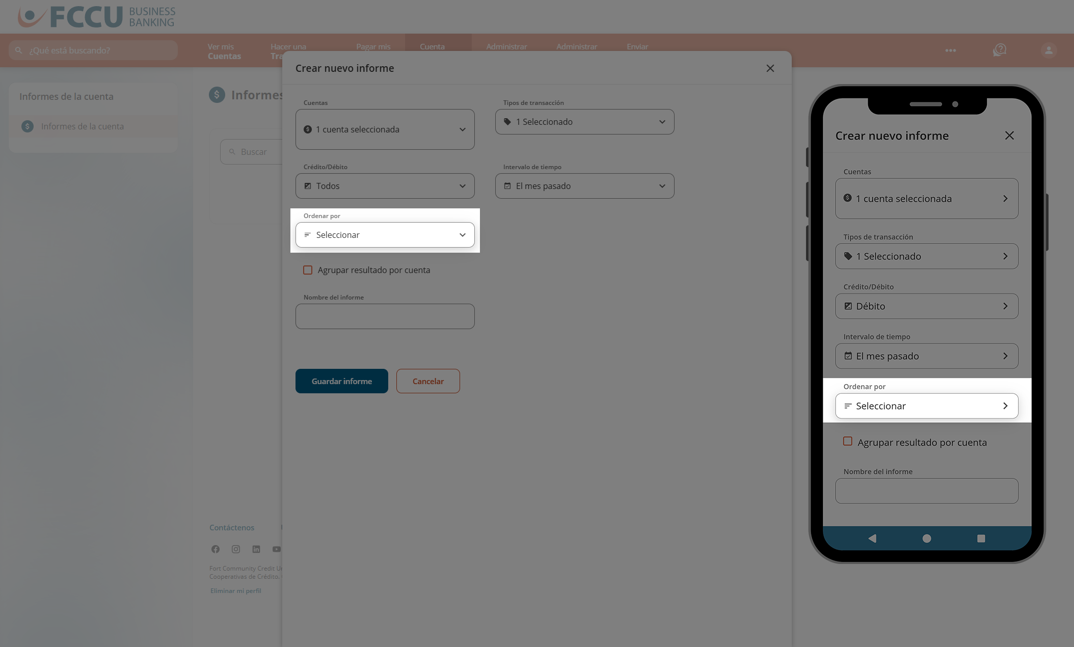 Captura de pantalla de la página 'Crear nuevo informe' de la banca digital.