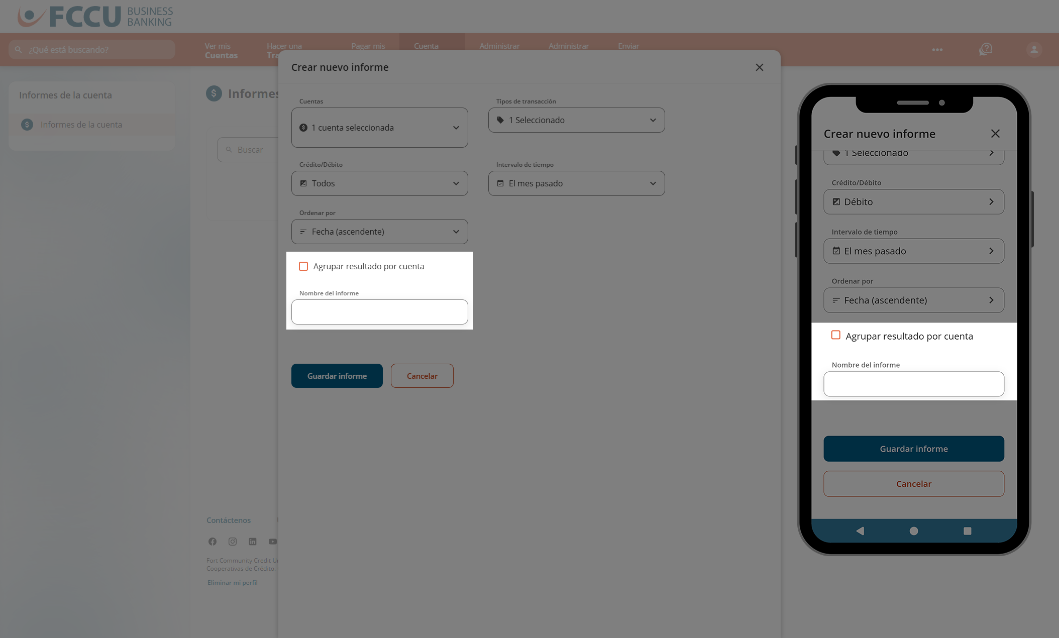 Captura de pantalla de la página 'Crear nuevo informe' de la banca digital.