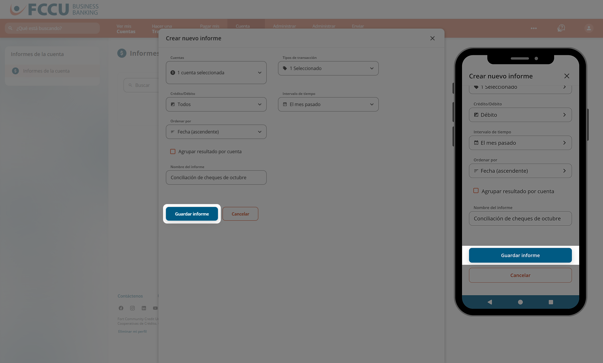 Captura de pantalla de la página 'Crear nuevo informe' de la banca digital.