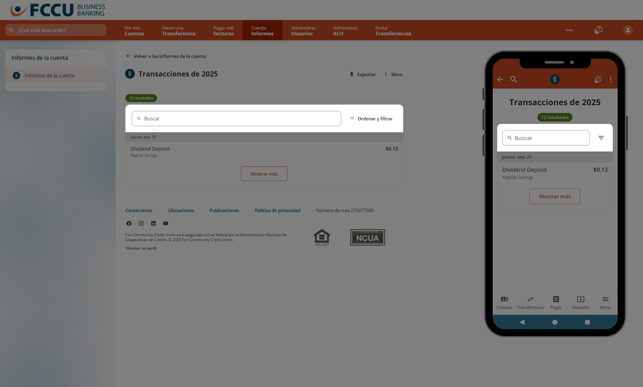 Captura de pantalla de la página 'Informes de cuenta' de la banca digital.