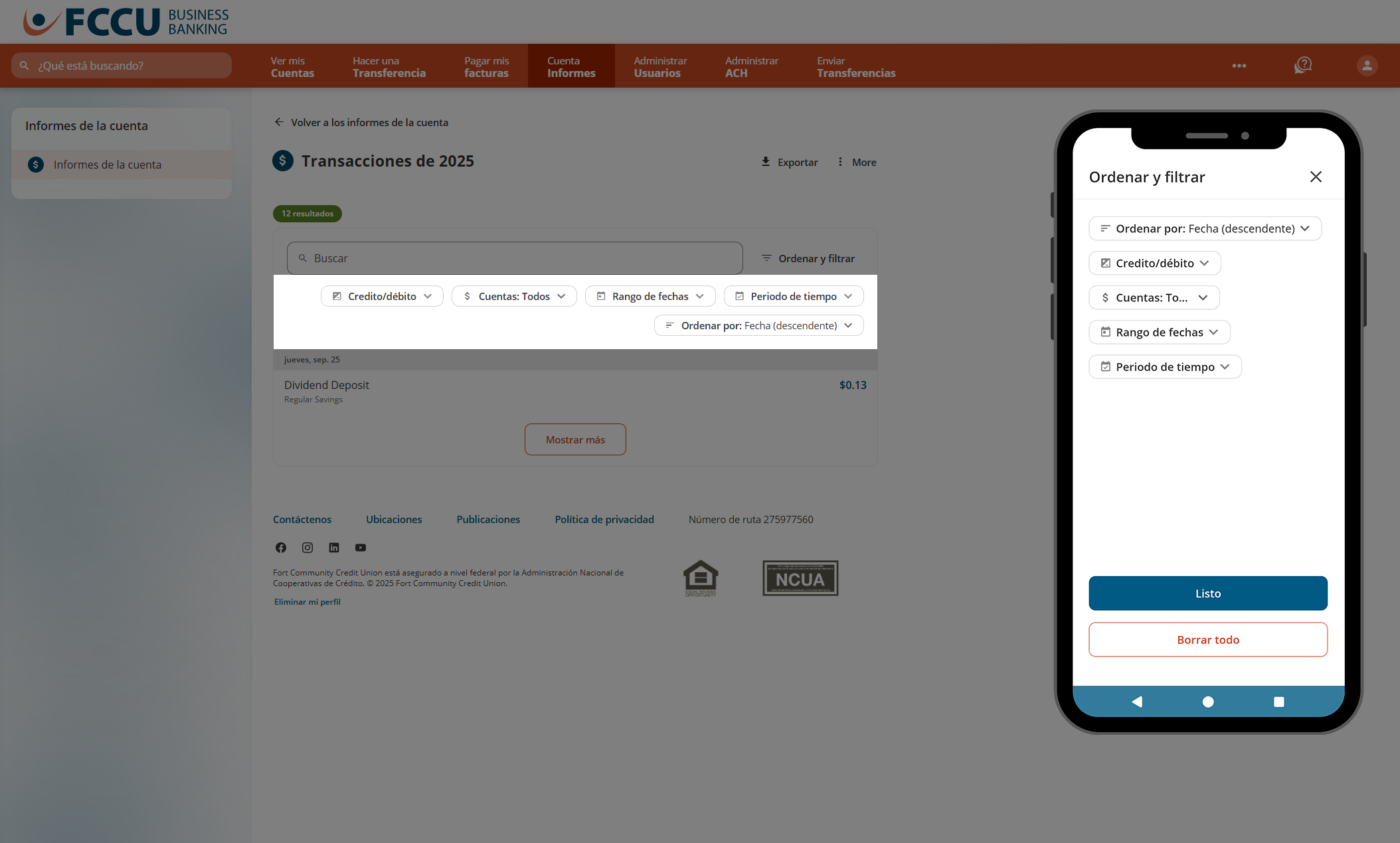 Captura de pantalla de la página 'Informes de cuenta' de la banca digital.