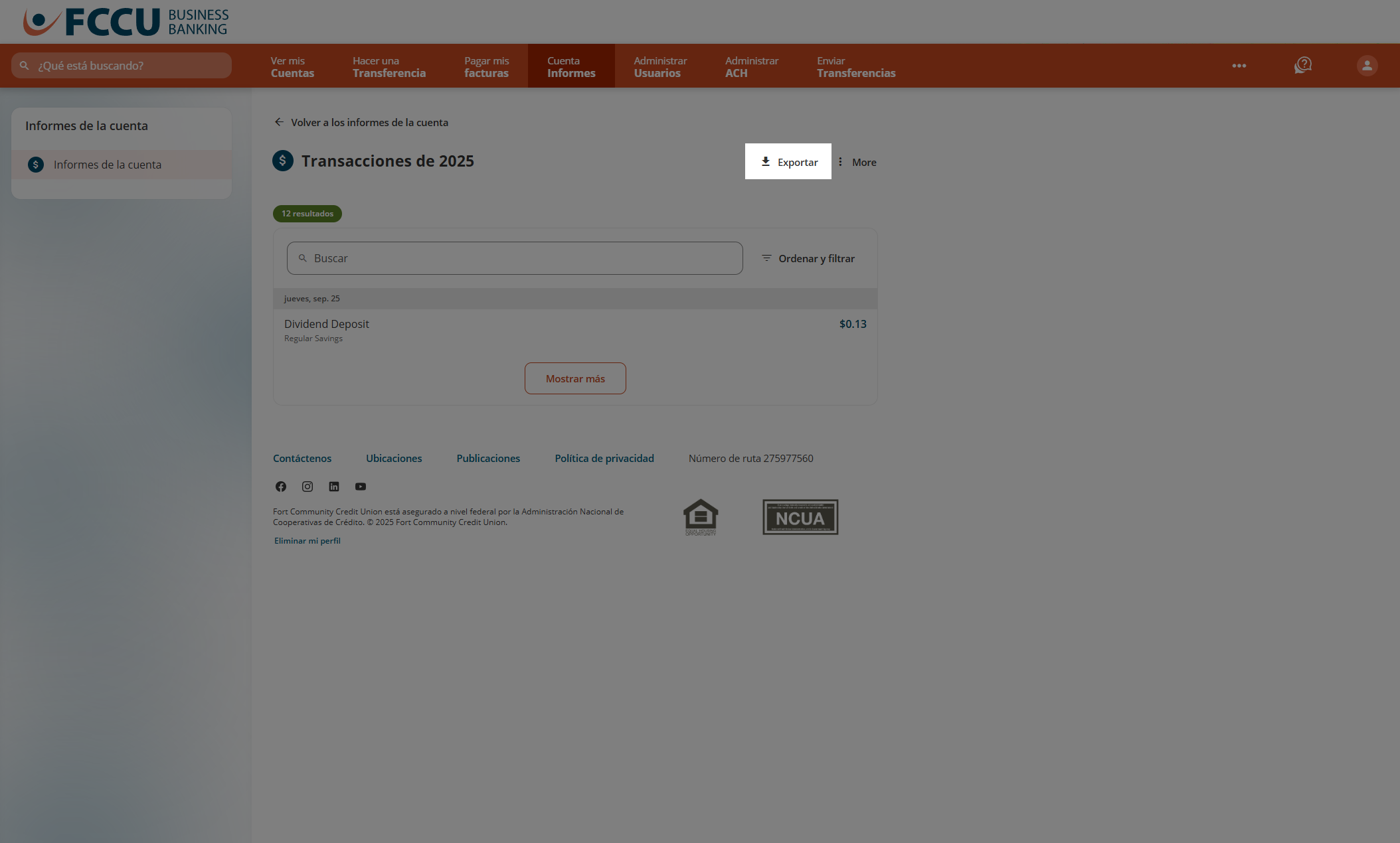 Captura de pantalla de la página 'Informes de cuenta' de la banca digital.