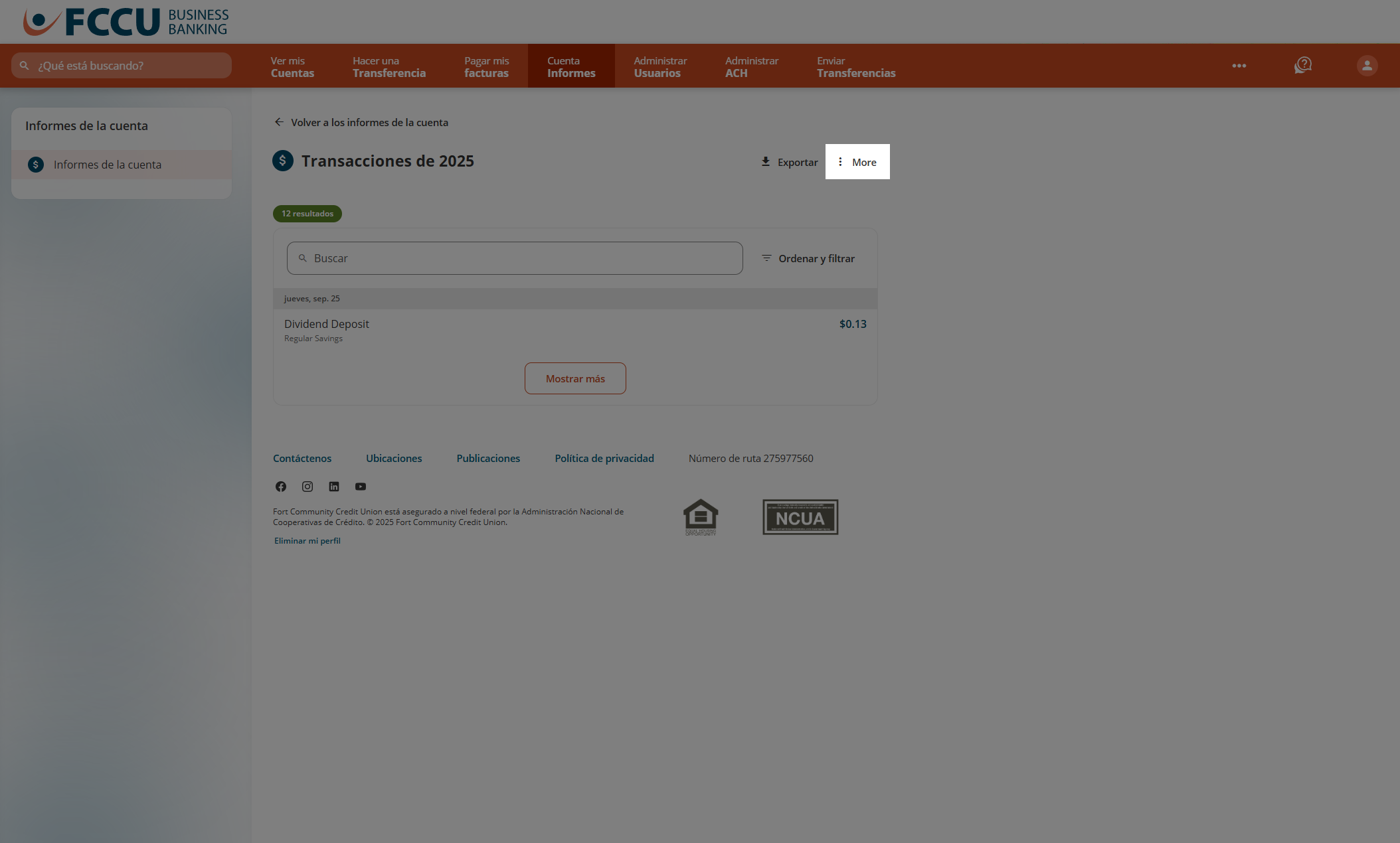 Captura de pantalla de la página 'Informes de cuenta' de la banca digital.