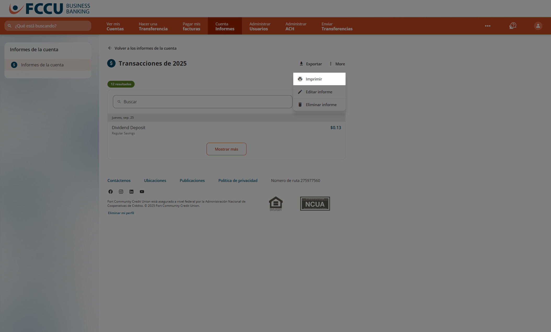 Captura de pantalla de la página 'Informes de cuenta' de la banca digital.