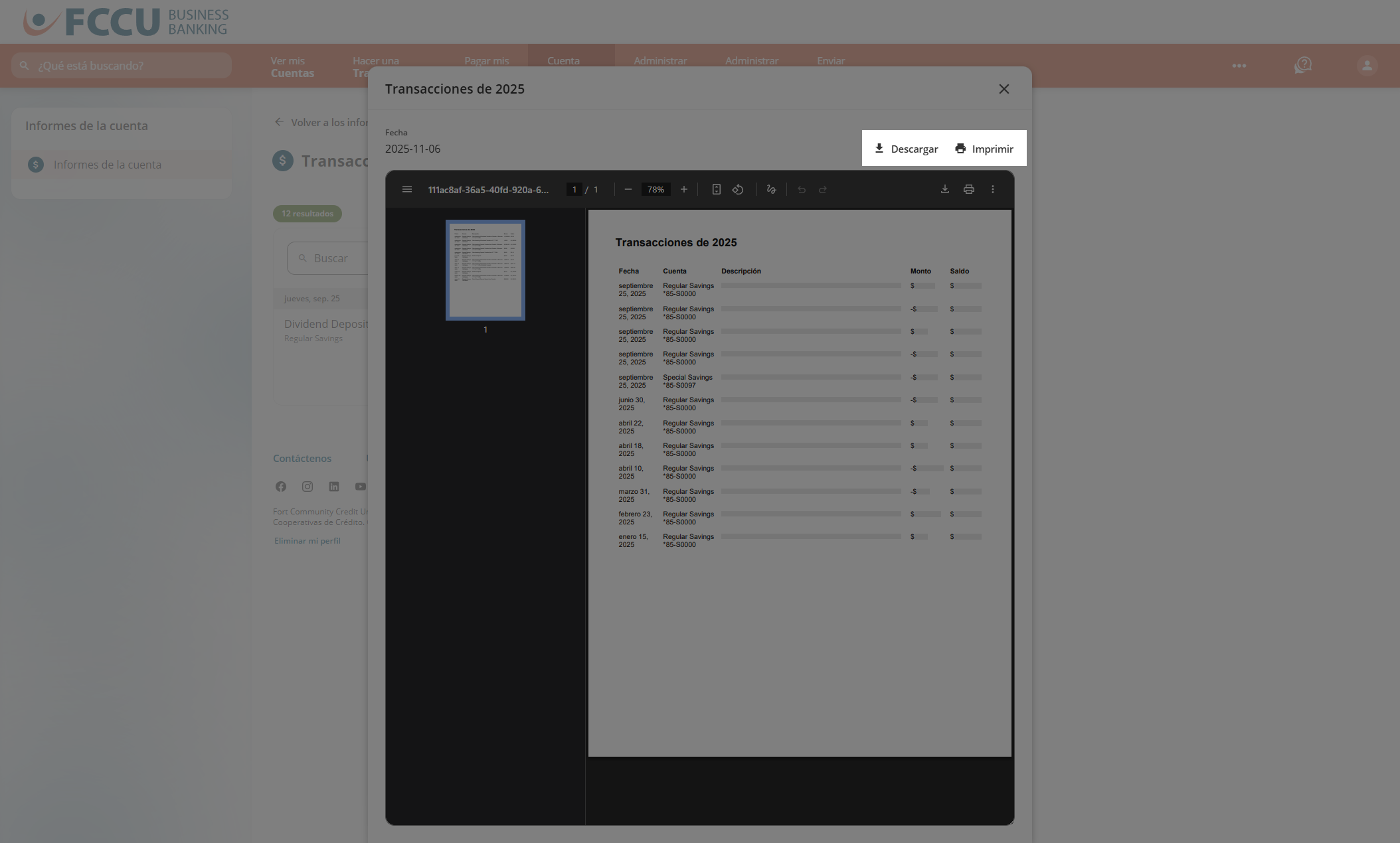 Captura de pantalla de la página 'Informes de cuenta' de la banca digital.