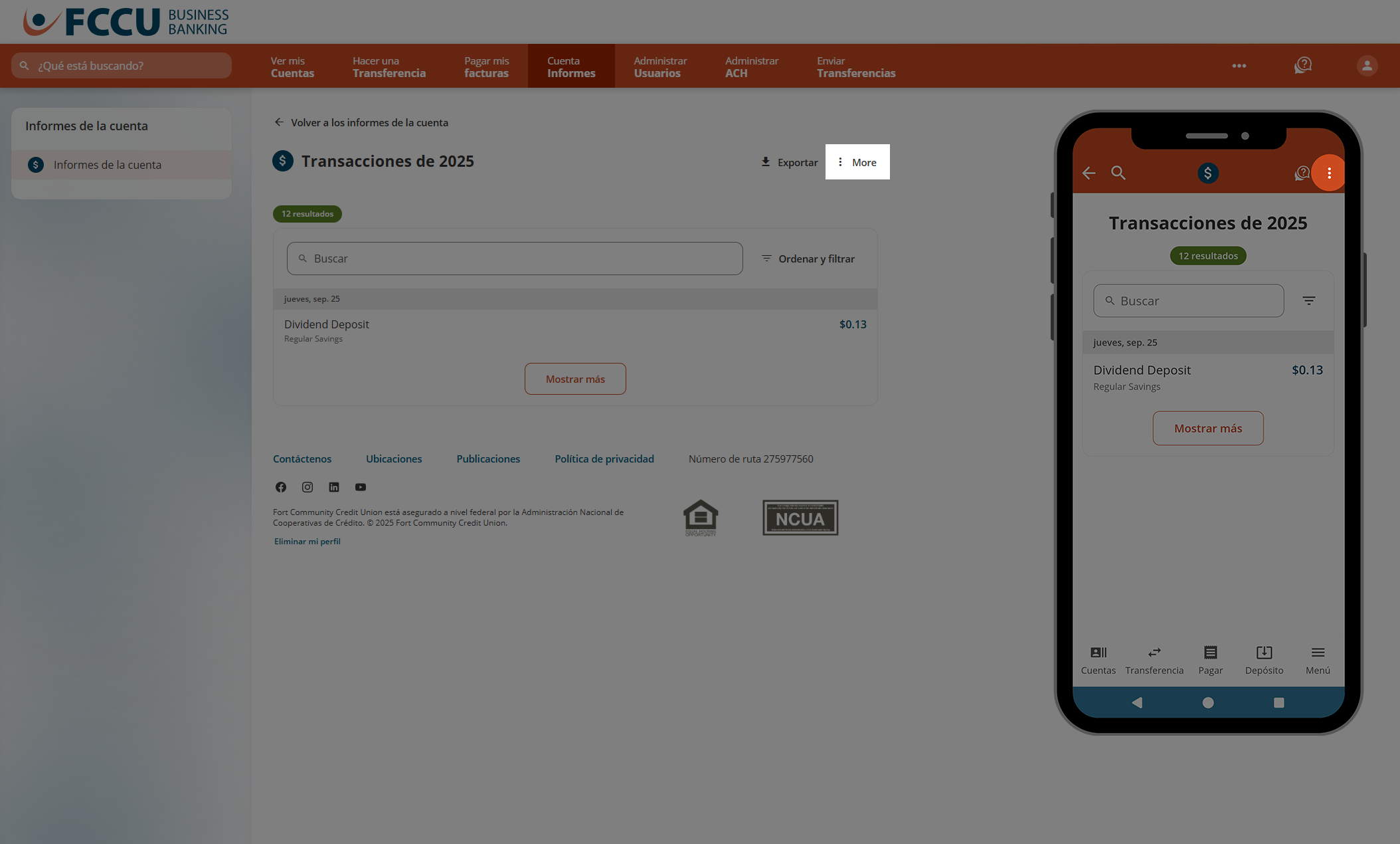 Captura de pantalla de la página 'Informes de cuenta' de la banca digital.