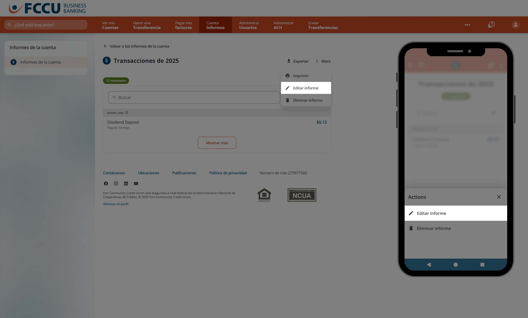 Captura de pantalla de la página 'Informes de cuenta' de la banca digital.