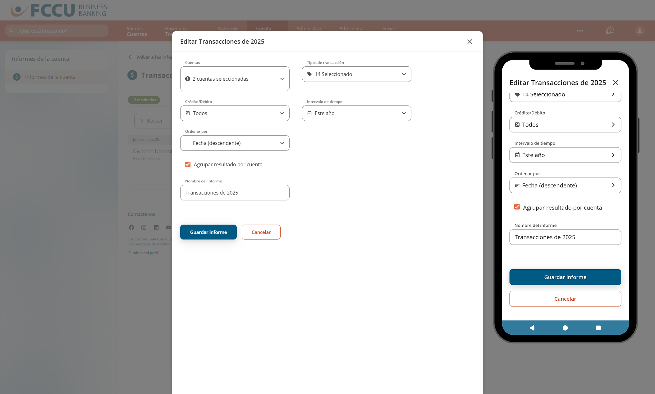 Captura de pantalla de la página 'Editar informe' de la banca digital.