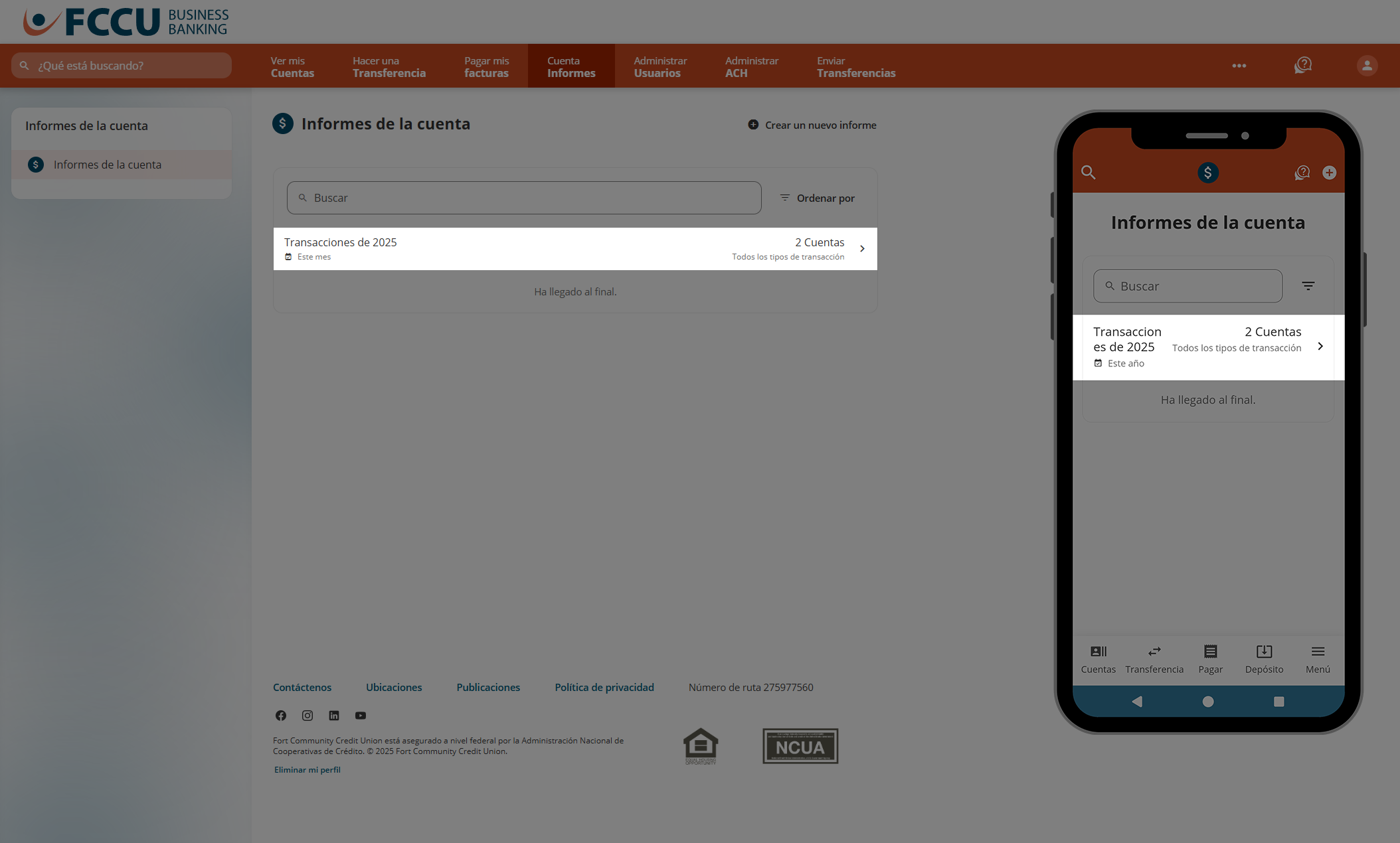 Captura de pantalla de la página 'Informes de cuenta' de la banca digital.