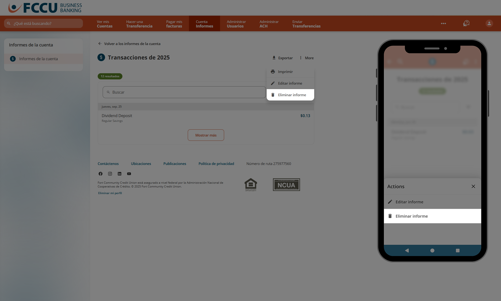 Captura de pantalla de la página 'Informes de cuenta' de la banca digital.
