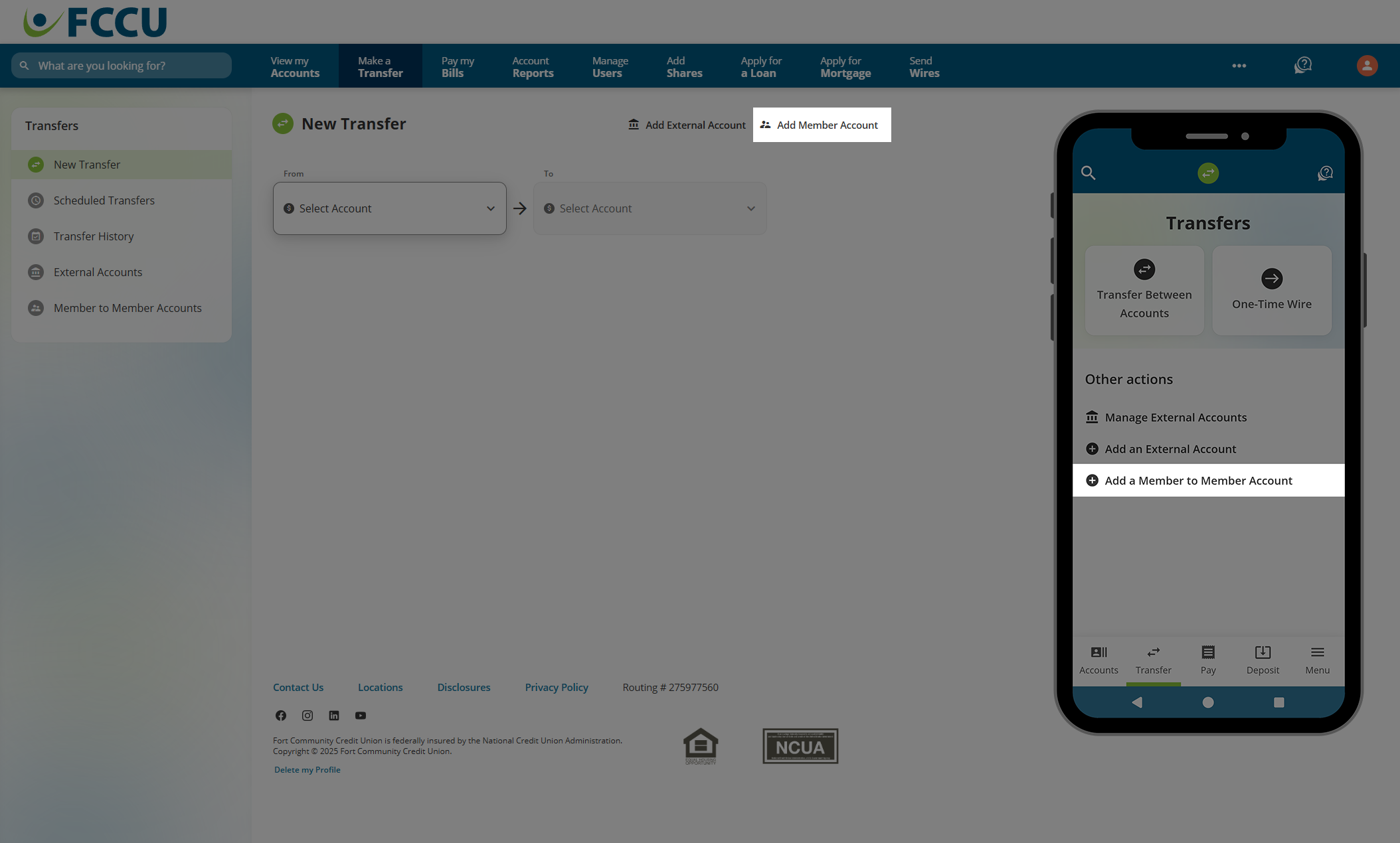 Screenshot of digital banking 'New Transfer' page.
