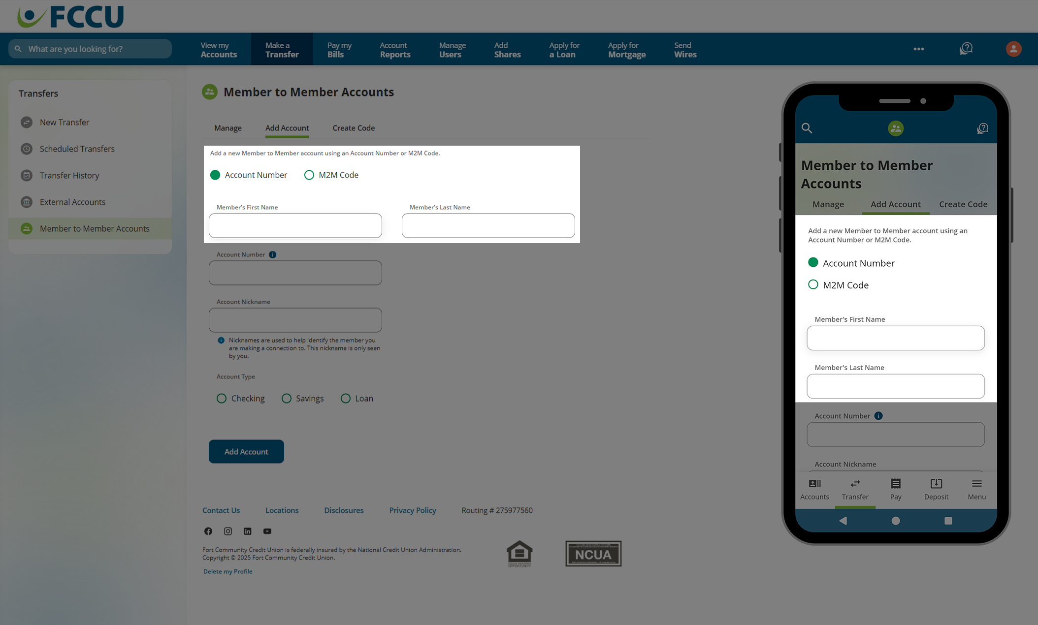 Screenshot of digital banking 'Member to Member Accounts' page.