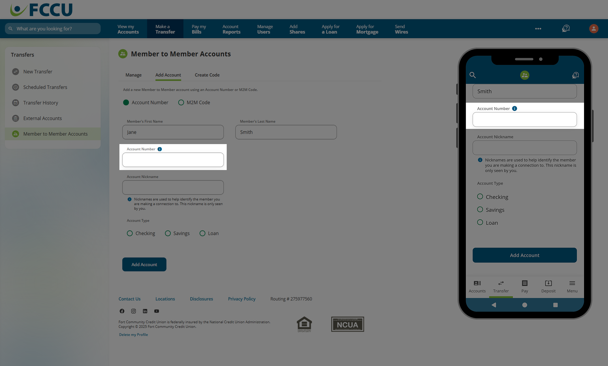 Screenshot of digital banking 'Member to Member Accounts' page.