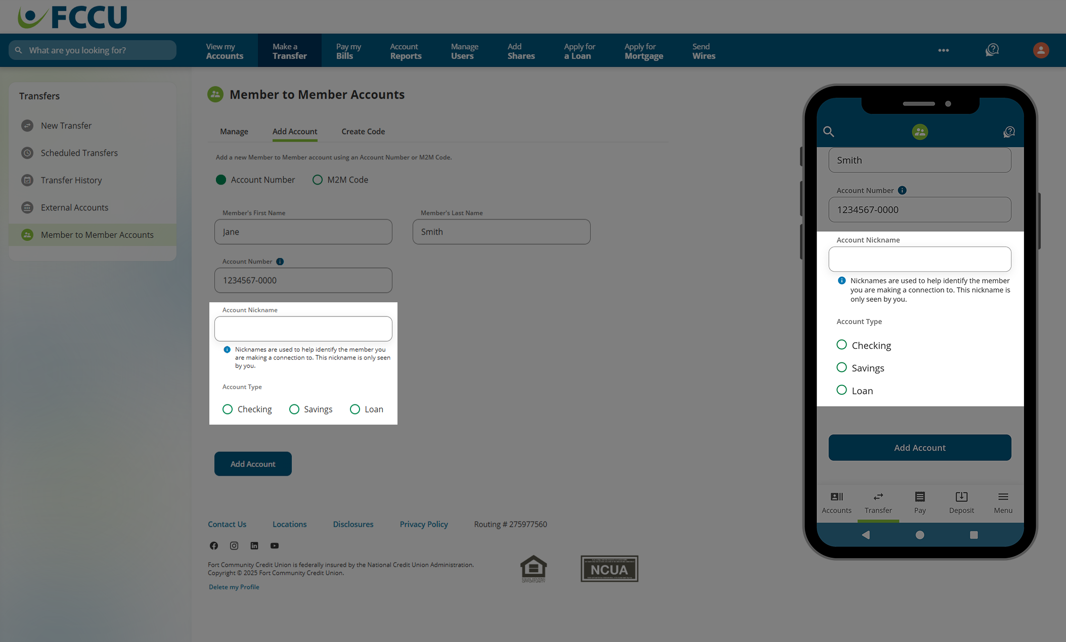 Screenshot of digital banking 'Member to Member Accounts' page.