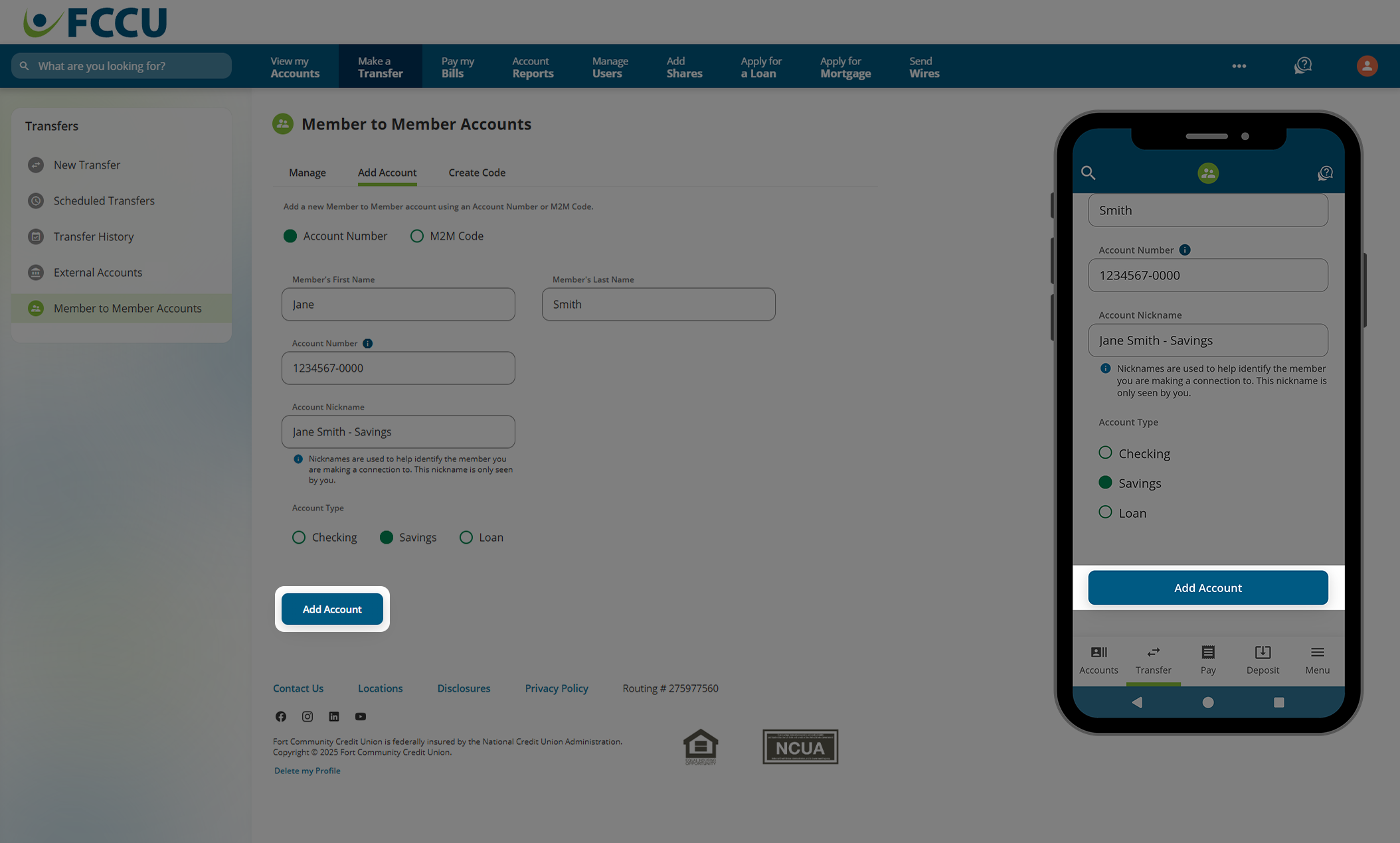 Screenshot of digital banking 'Member to Member Accounts' page.