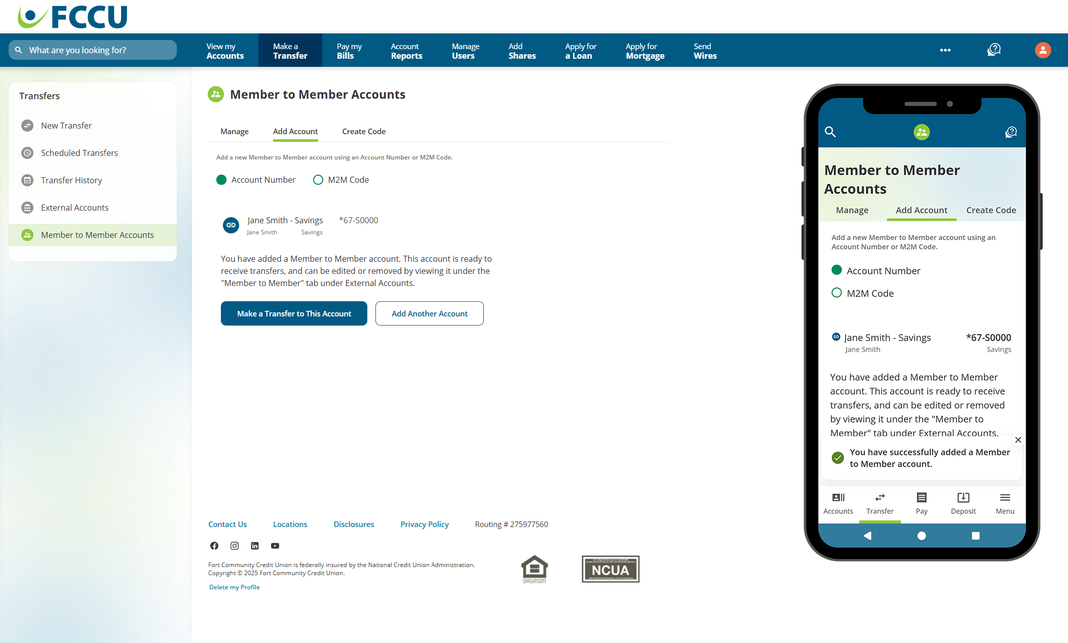 Screenshot of digital banking 'Member to Member Accounts' page.