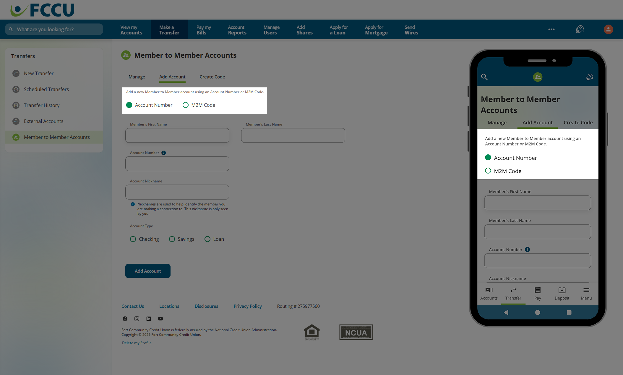 Screenshot of digital banking 'Member to Member Accounts' page.