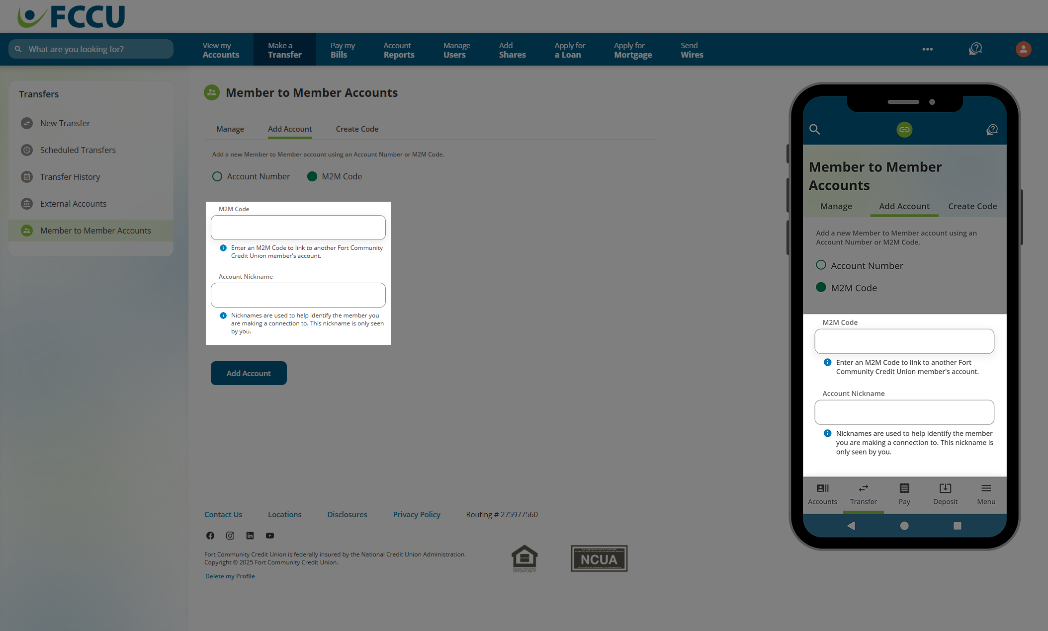 Screenshot of digital banking 'Member to Member Accounts' page.