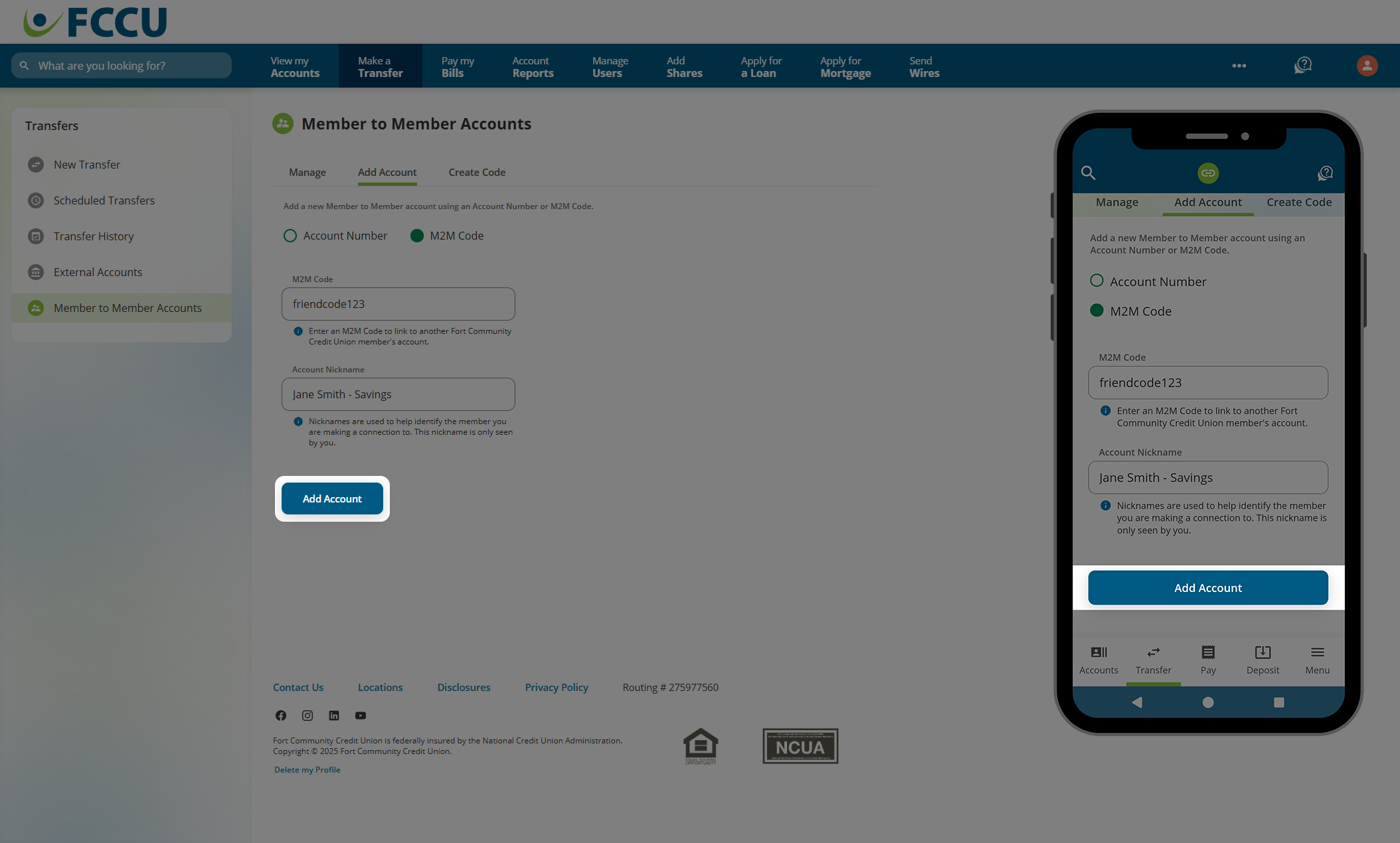 Screenshot of digital banking 'Member to Member Accounts' page.
