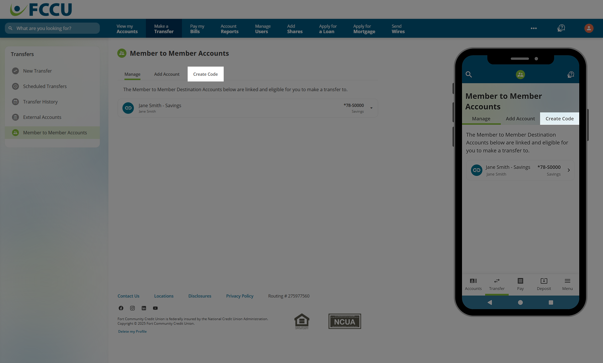 Screenshot of digital banking 'Member to Member Accounts' page.