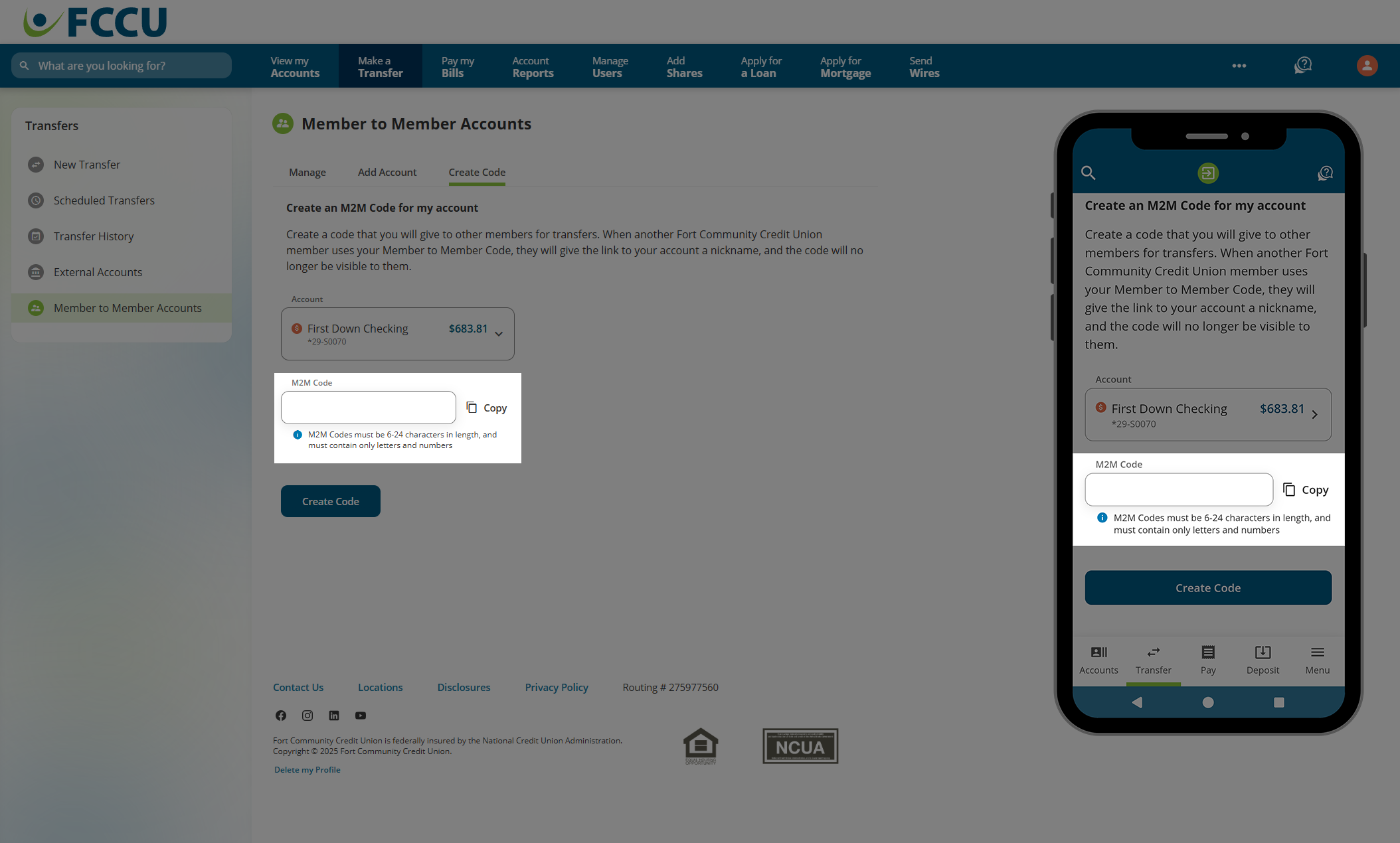 Screenshot of digital banking 'Member to Member Accounts' page.