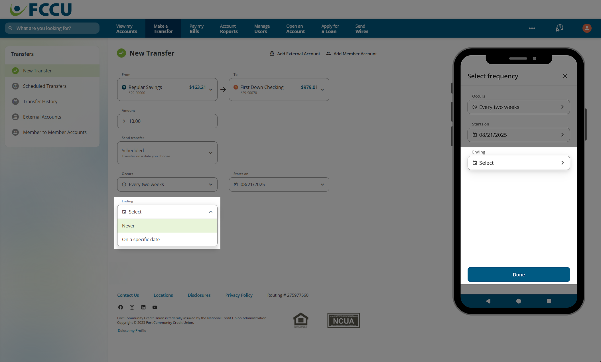 Screenshot of digital banking 'New Transfer' page.
