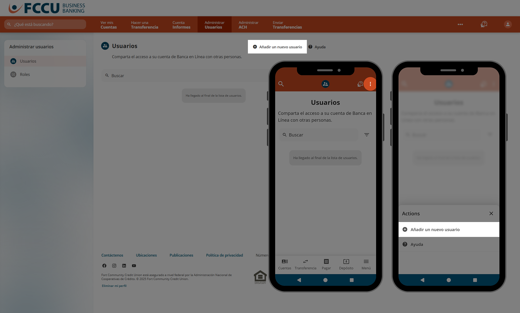 Captura de pantalla de la página 'Usuarios' de la banca digital.
