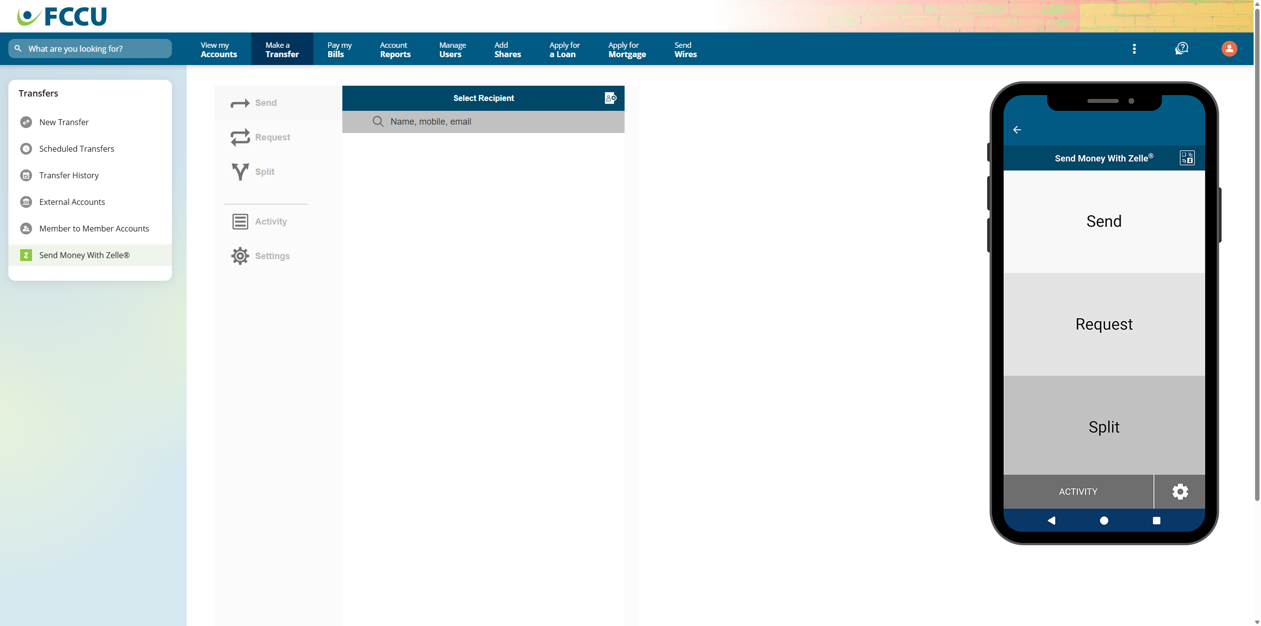 Screenshot of digital banking 'Zelle' page.