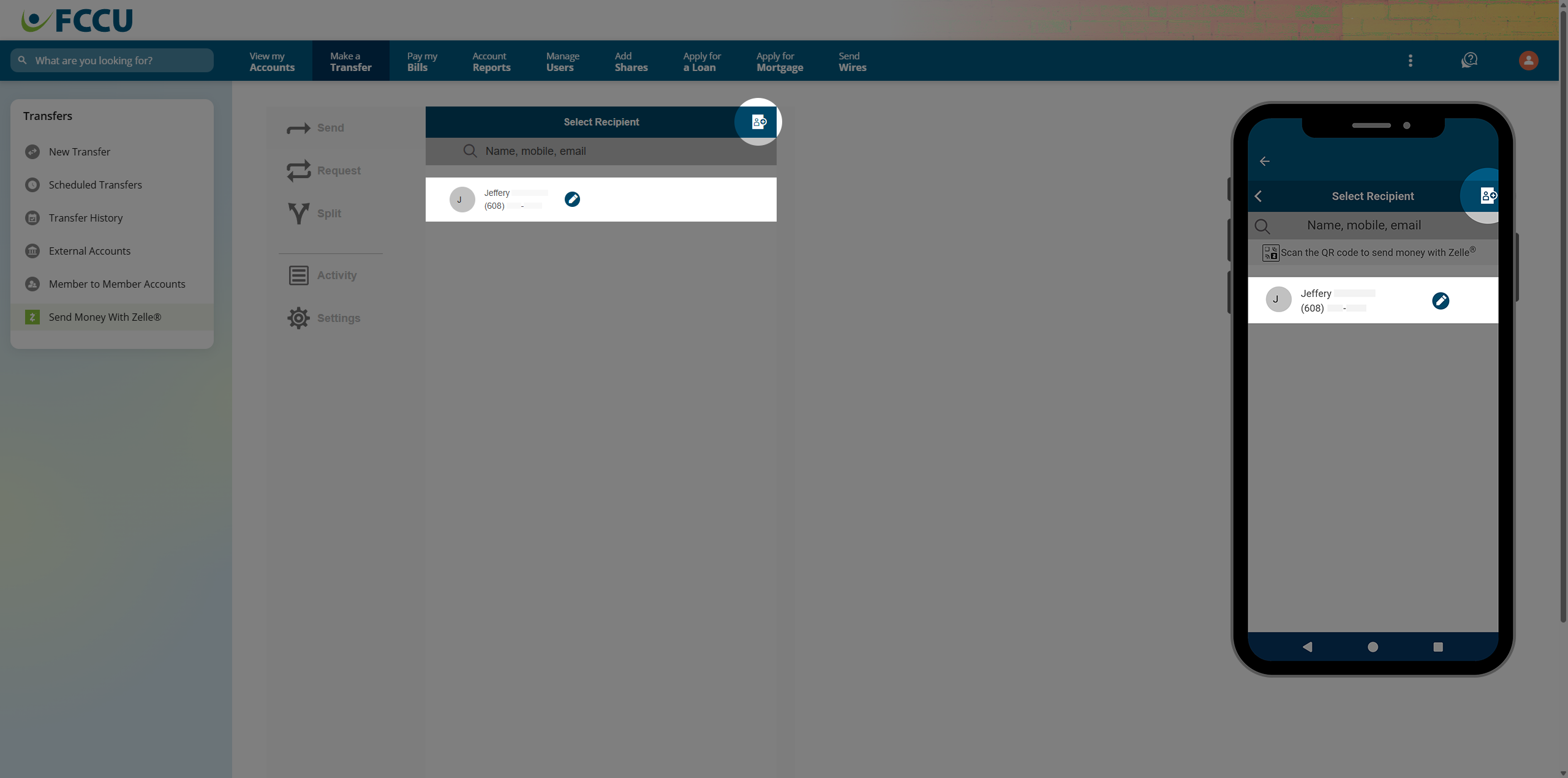 Screenshot of digital banking 'Zelle' page.