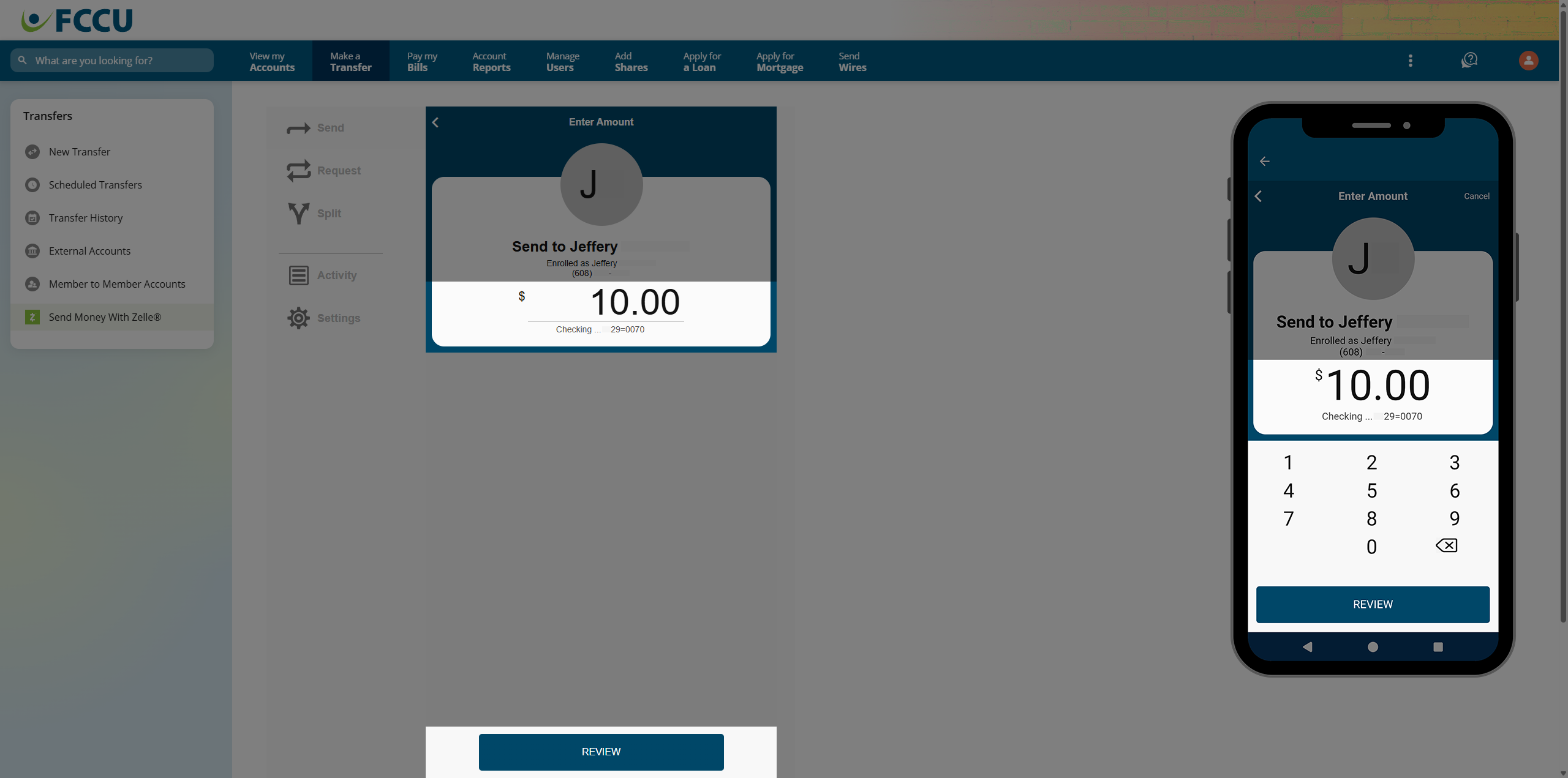 Screenshot of digital banking 'Zelle' page.