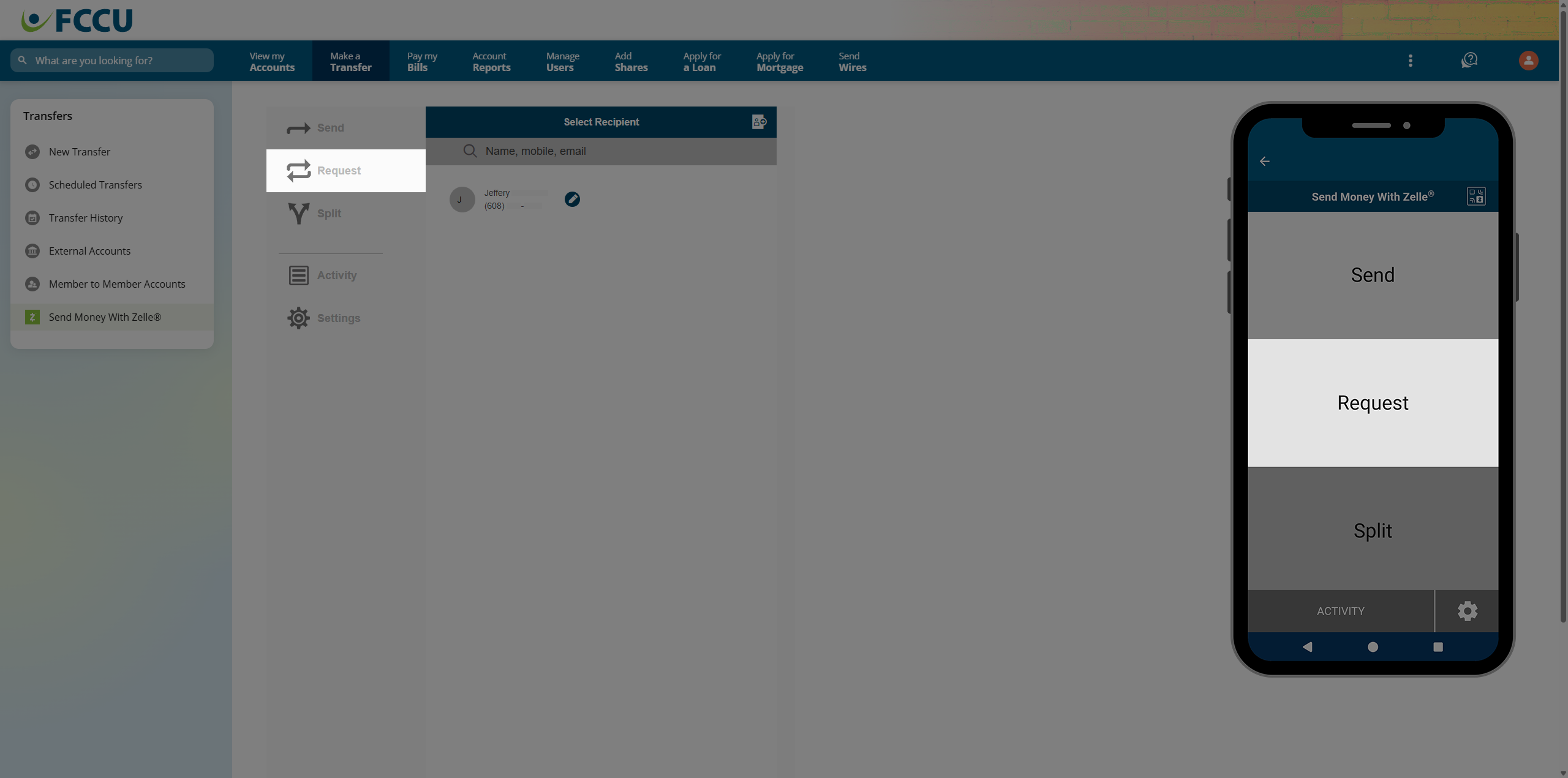 Screenshot of digital banking 'Zelle' page.