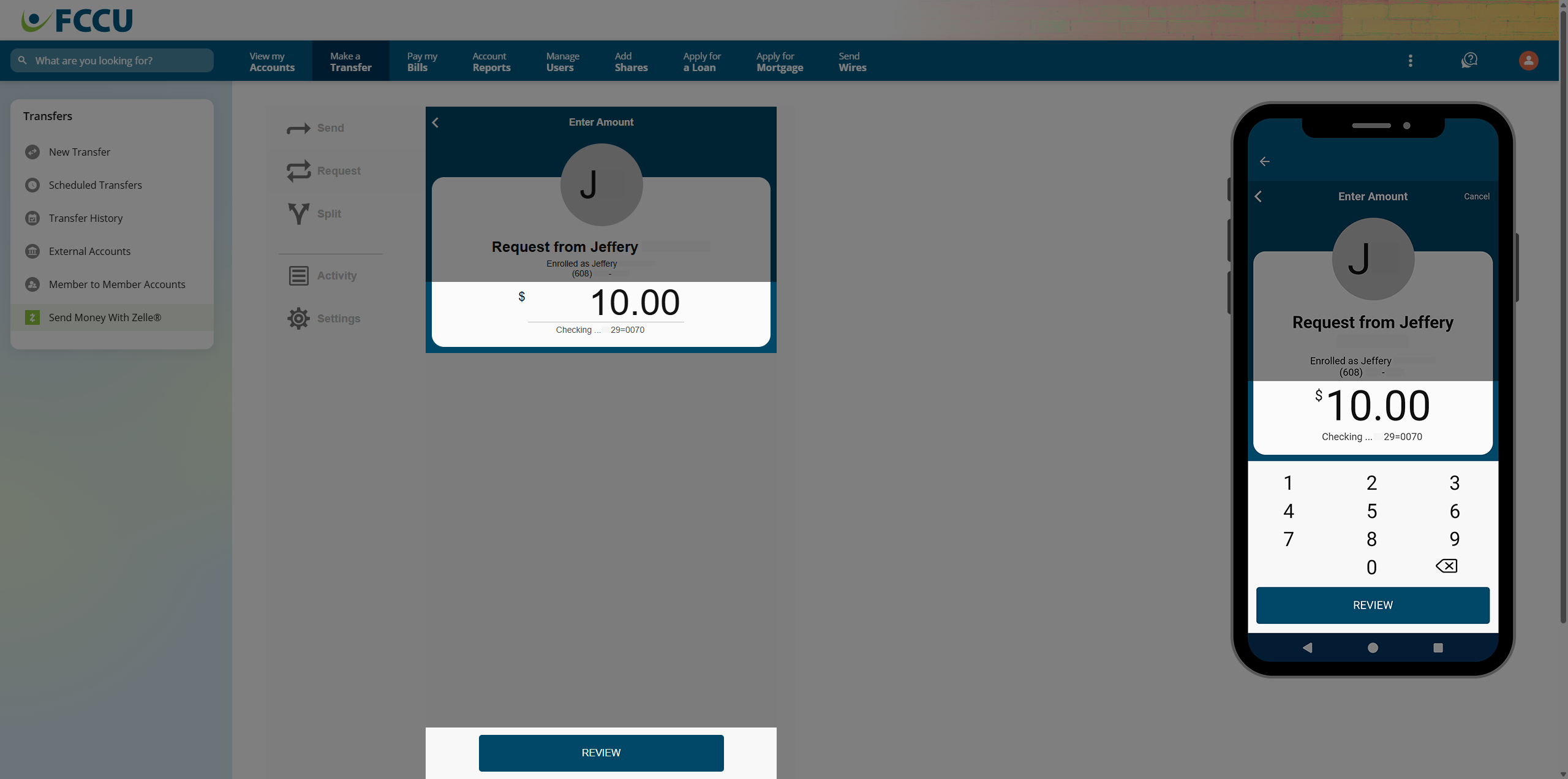 Screenshot of digital banking 'Zelle' page.