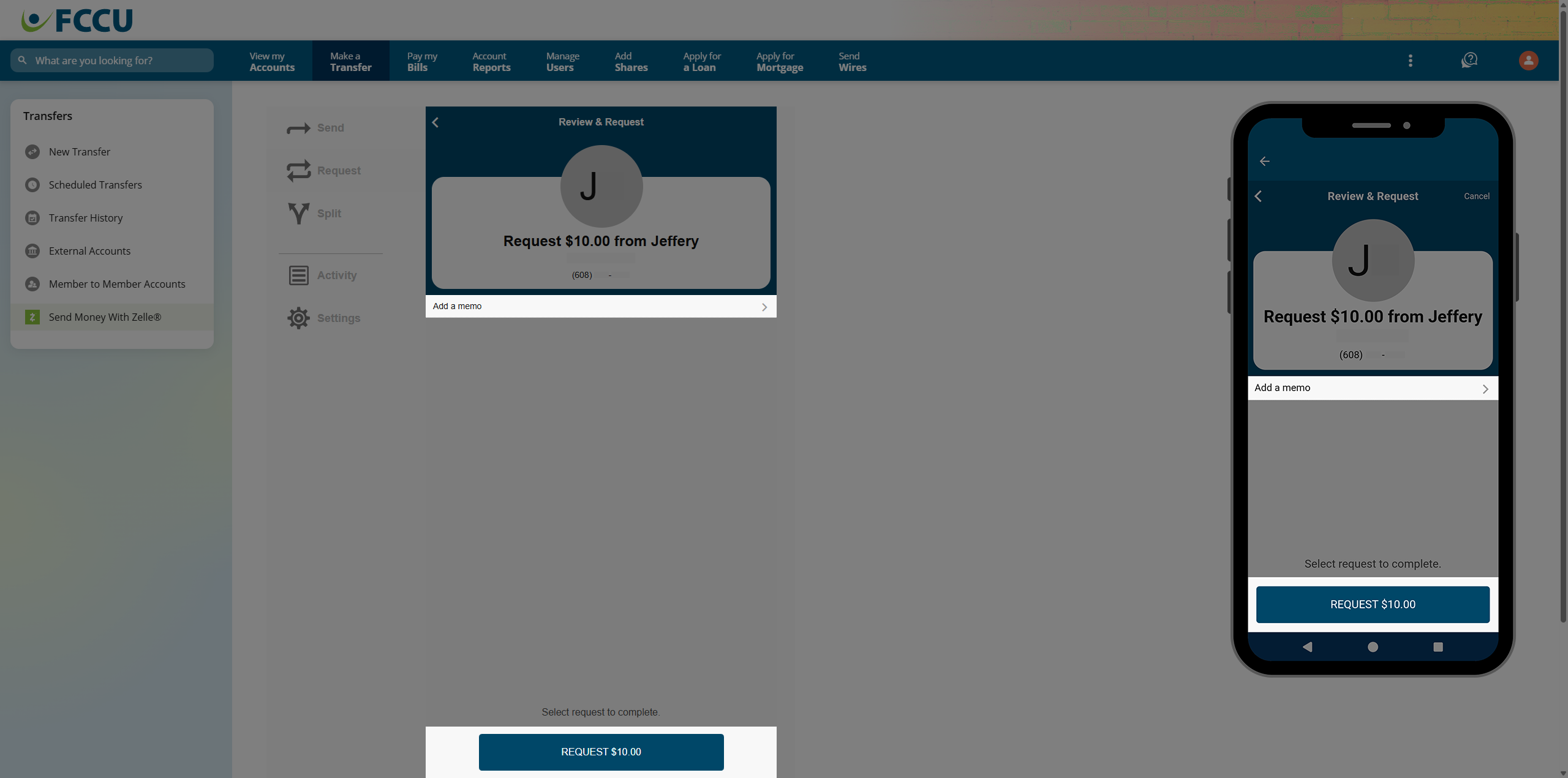 Screenshot of digital banking 'Zelle' page.