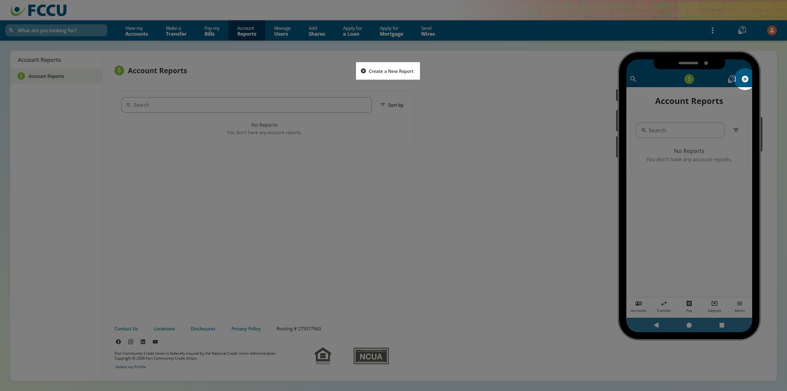 Screenshot of digital banking 'Account Reports' page.