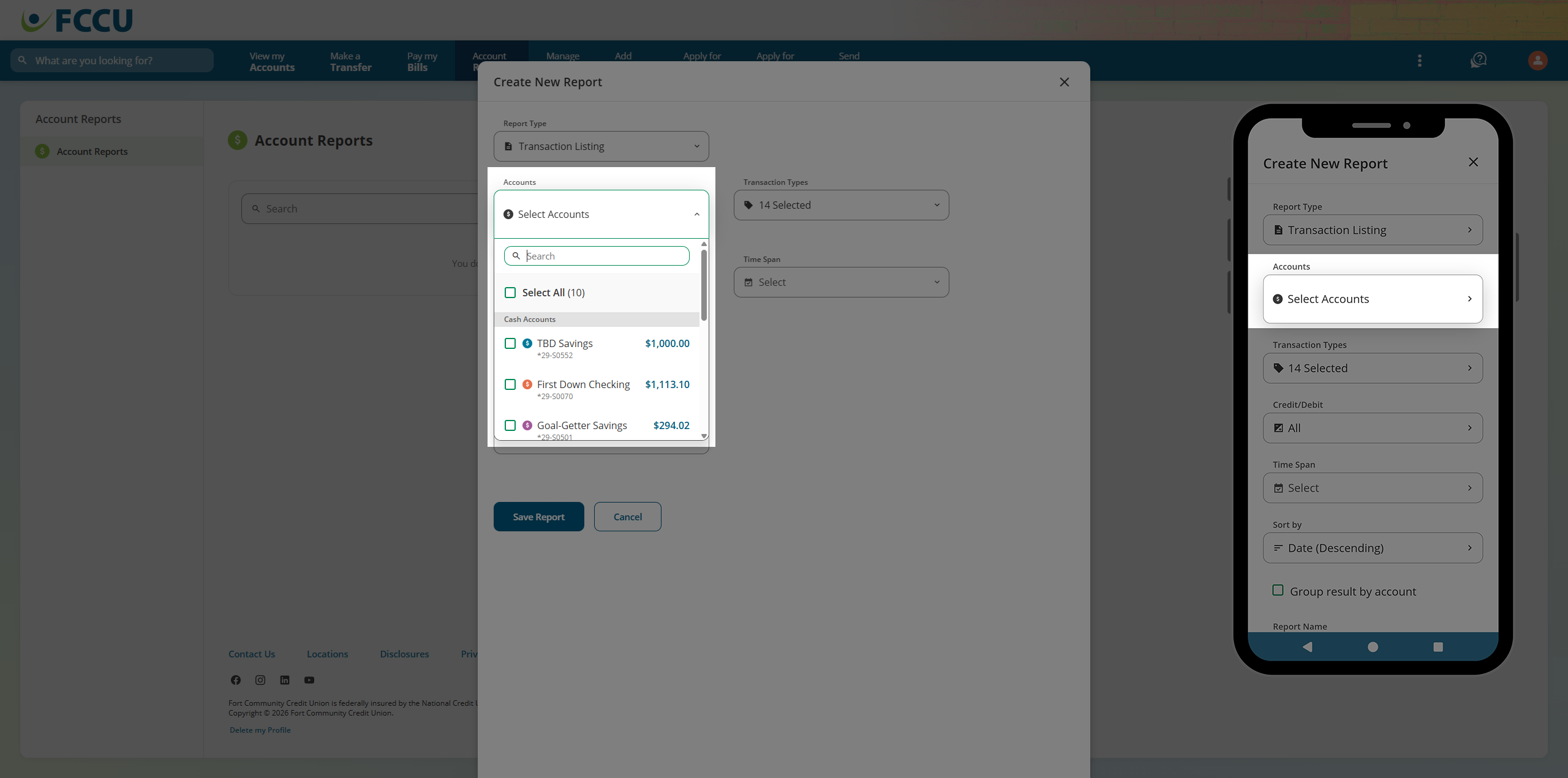 Screenshot of digital banking 'Create a New Report' page.