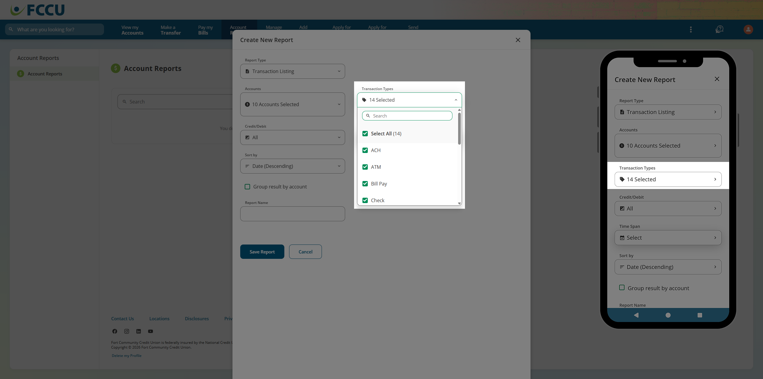 Screenshot of digital banking 'Create a New Report' page.