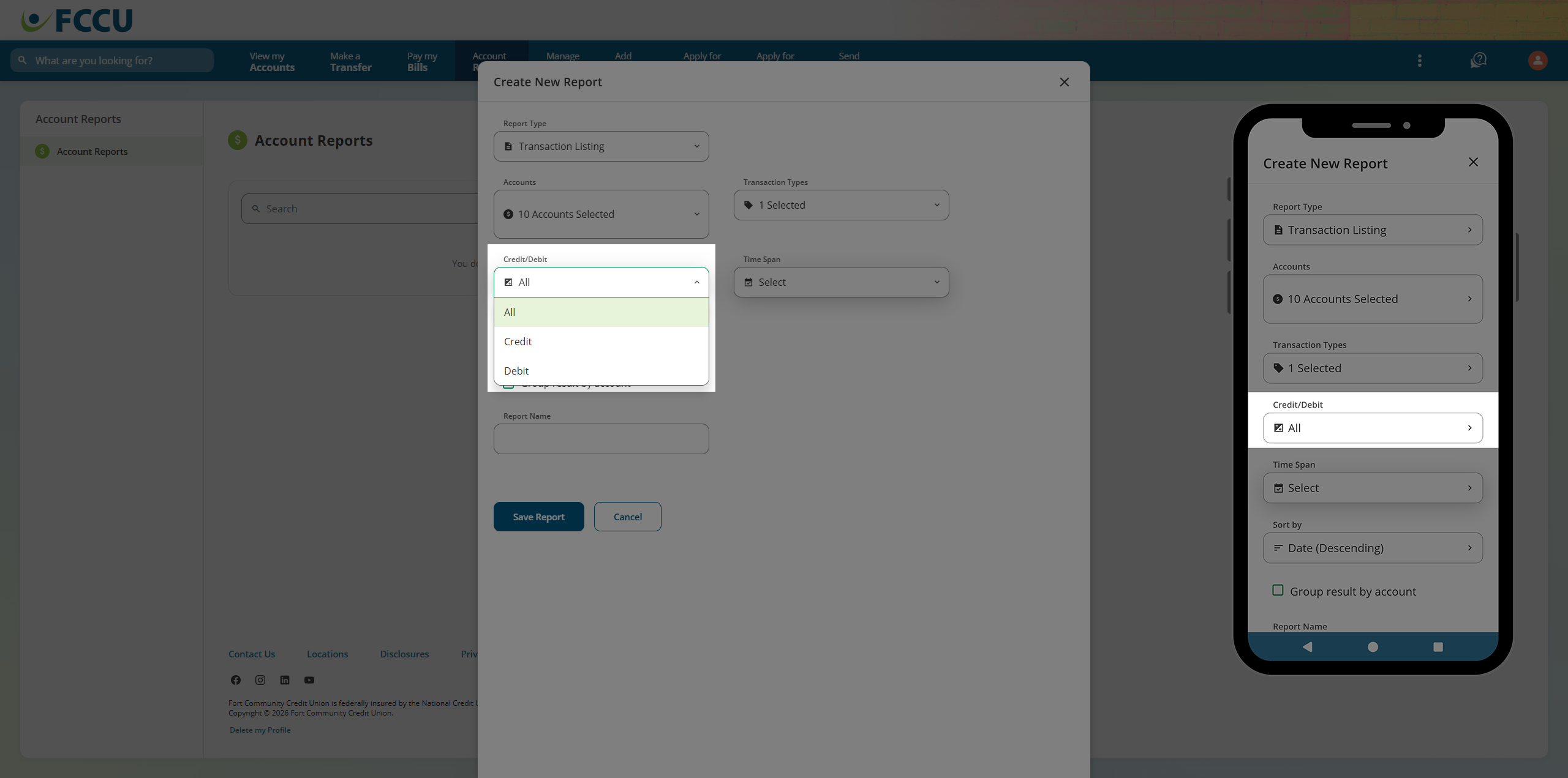 Screenshot of digital banking 'Create a New Report' page.