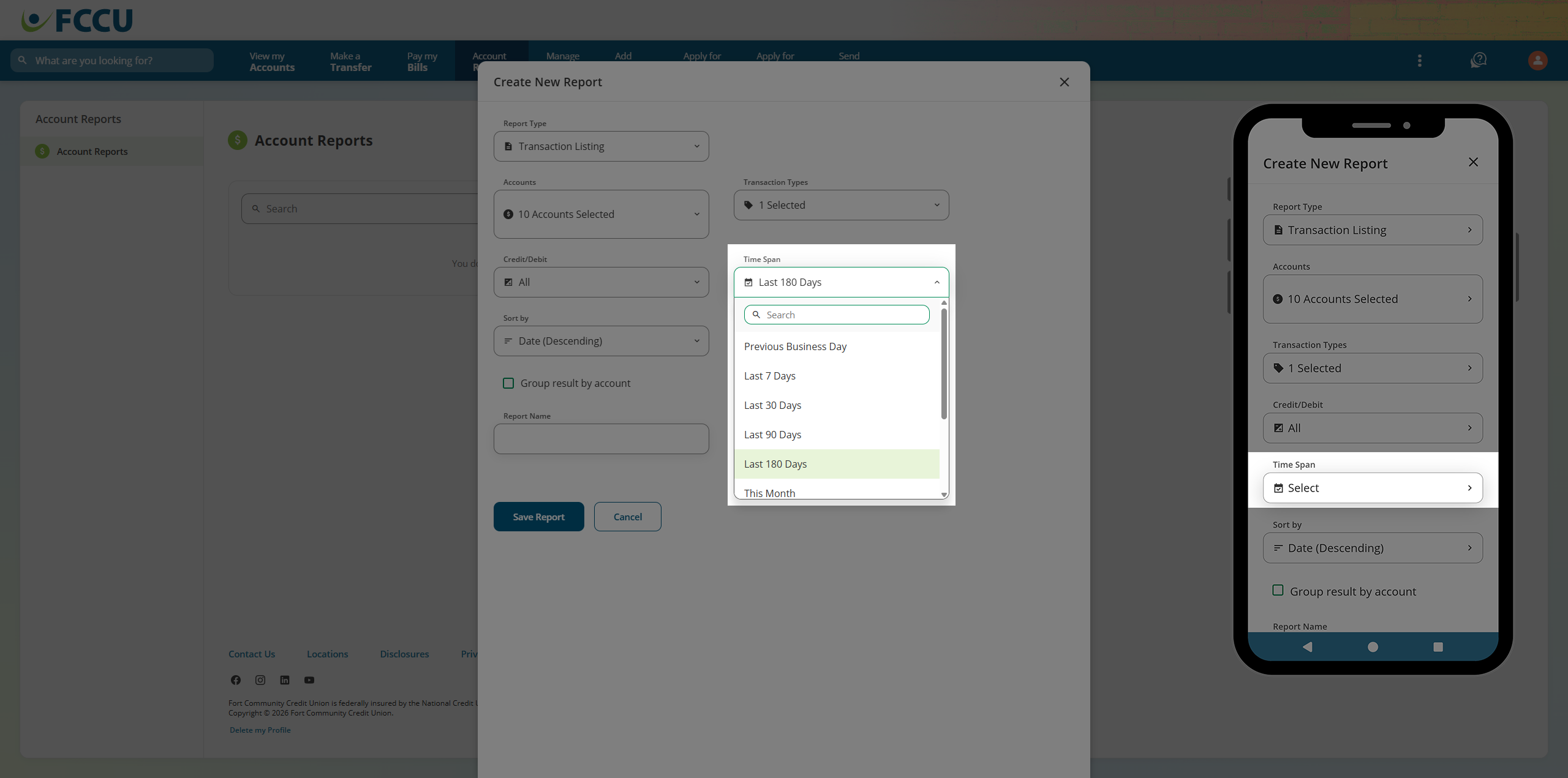 Screenshot of digital banking 'Create a New Report' page.