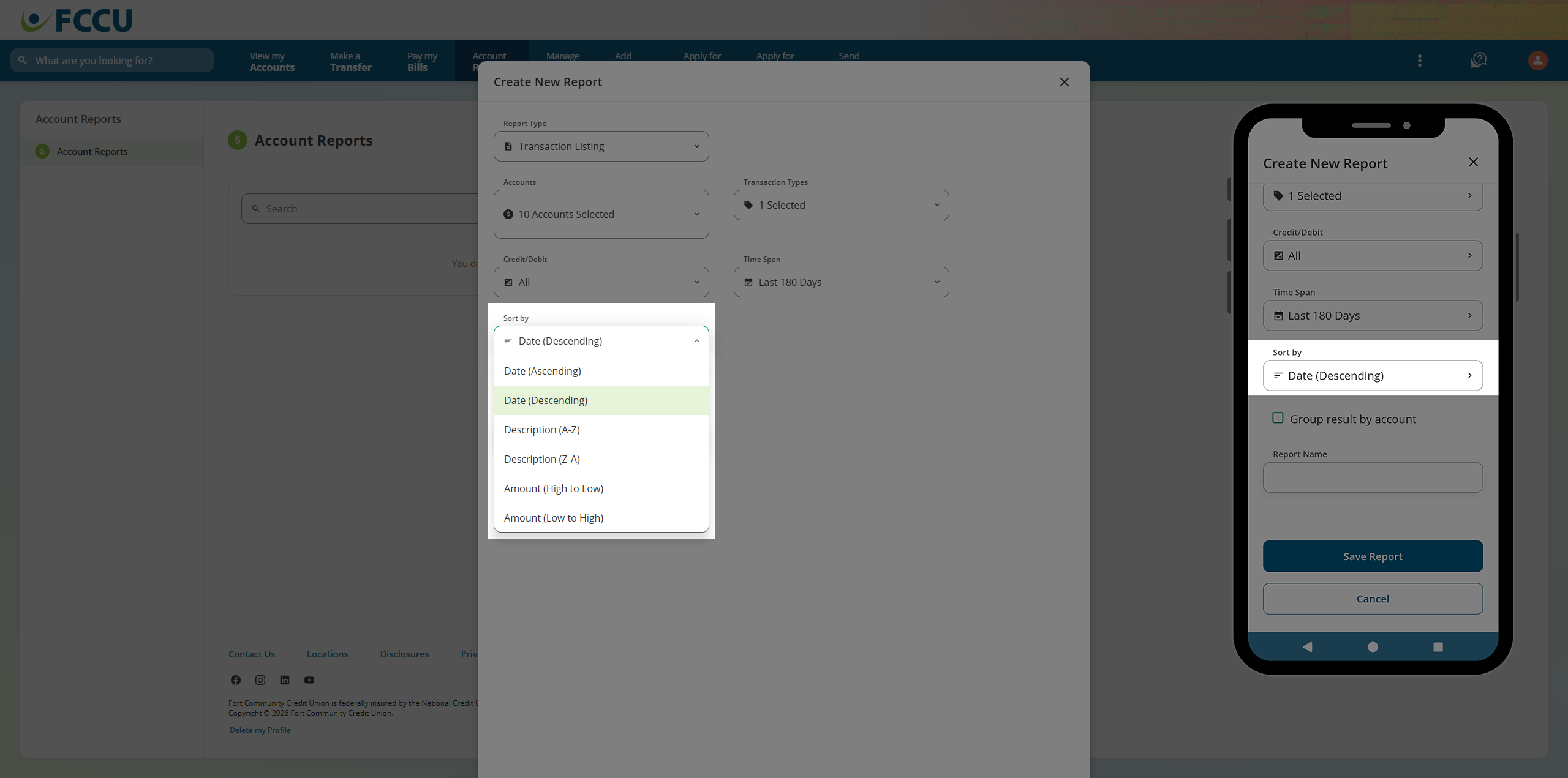 Screenshot of digital banking 'Create a New Report' page.