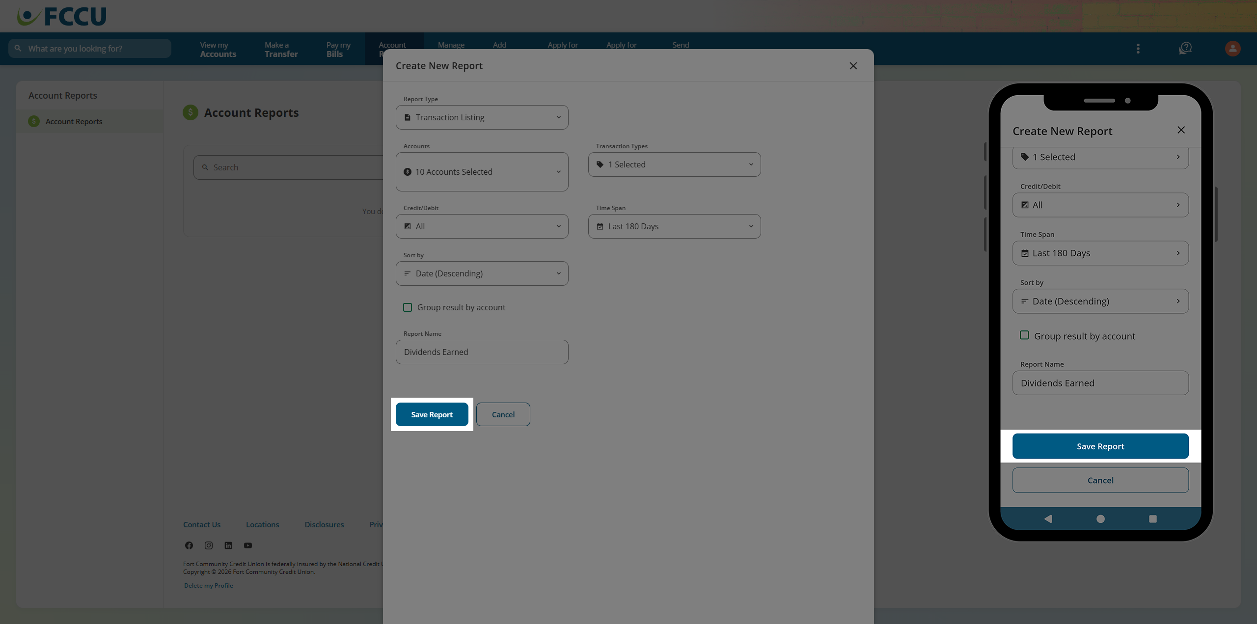 Screenshot of digital banking 'Create New Report' page.