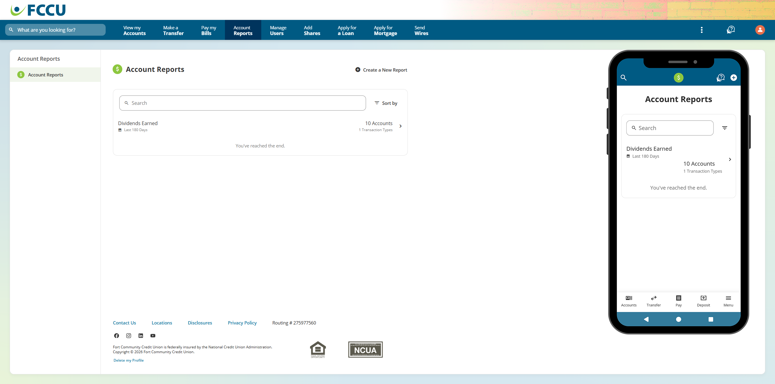 Screenshot of digital banking 'Account Reports' page.