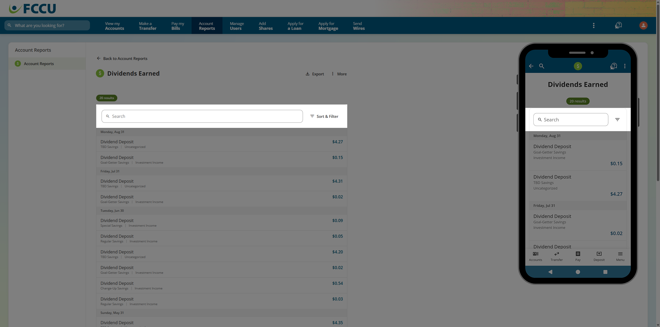 Screenshot of digital banking 'Report' page.
