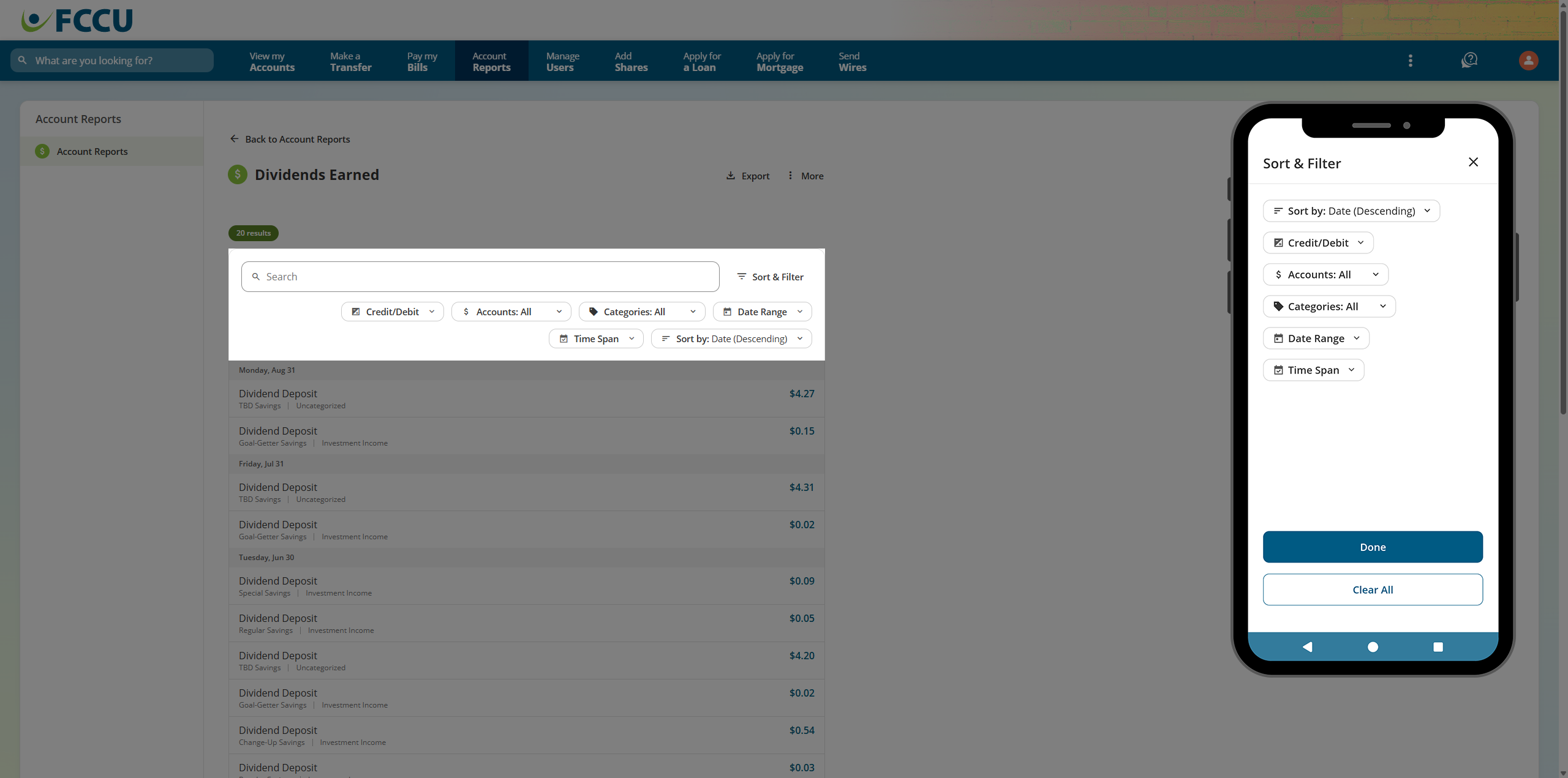 Screenshot of digital banking 'Report' page.