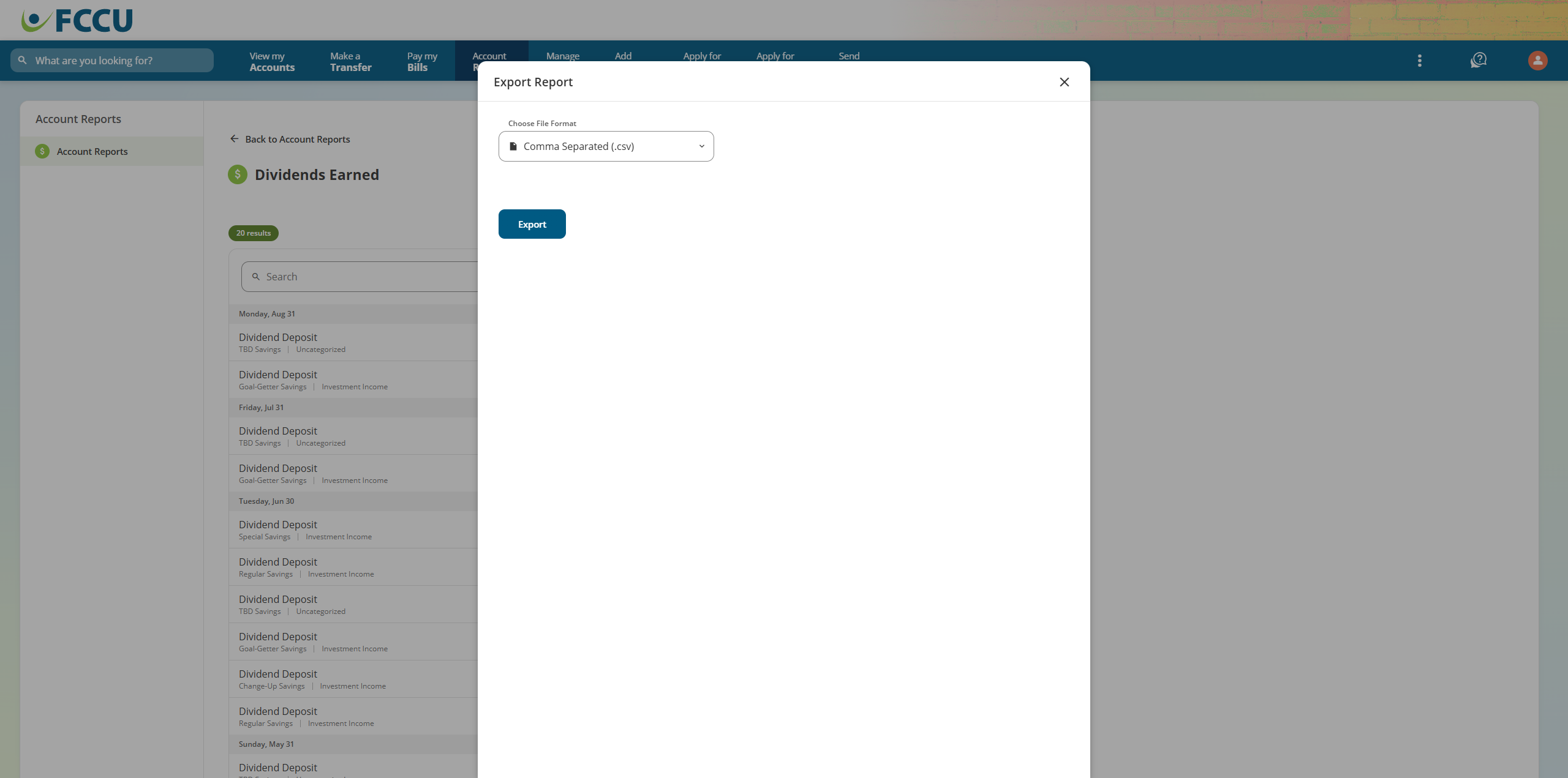 Screenshot of digital banking 'Export Report' page.