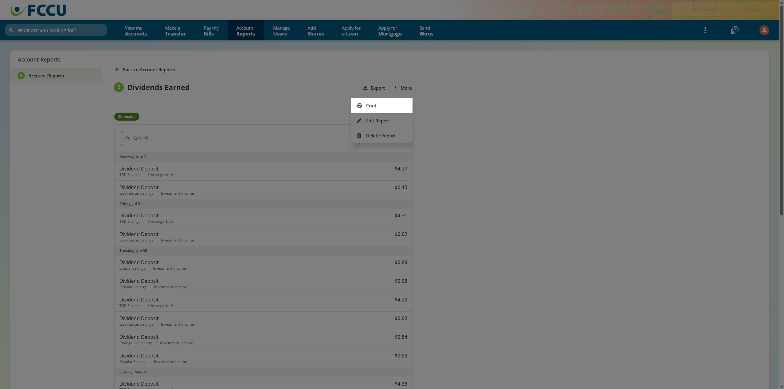 Screenshot of digital banking 'Report' page.