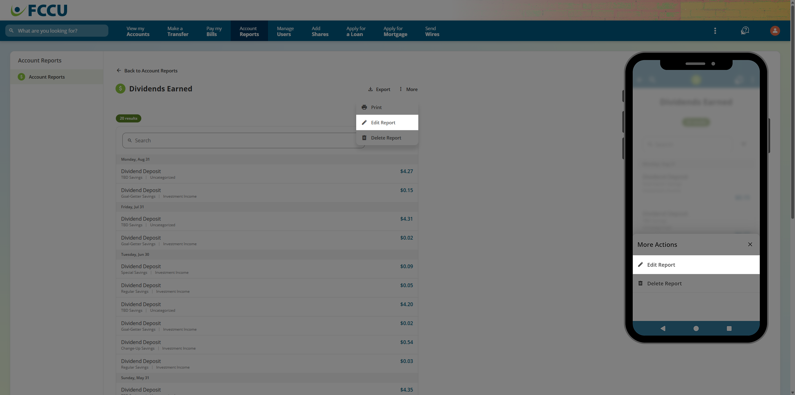 Screenshot of digital banking 'Report' page.