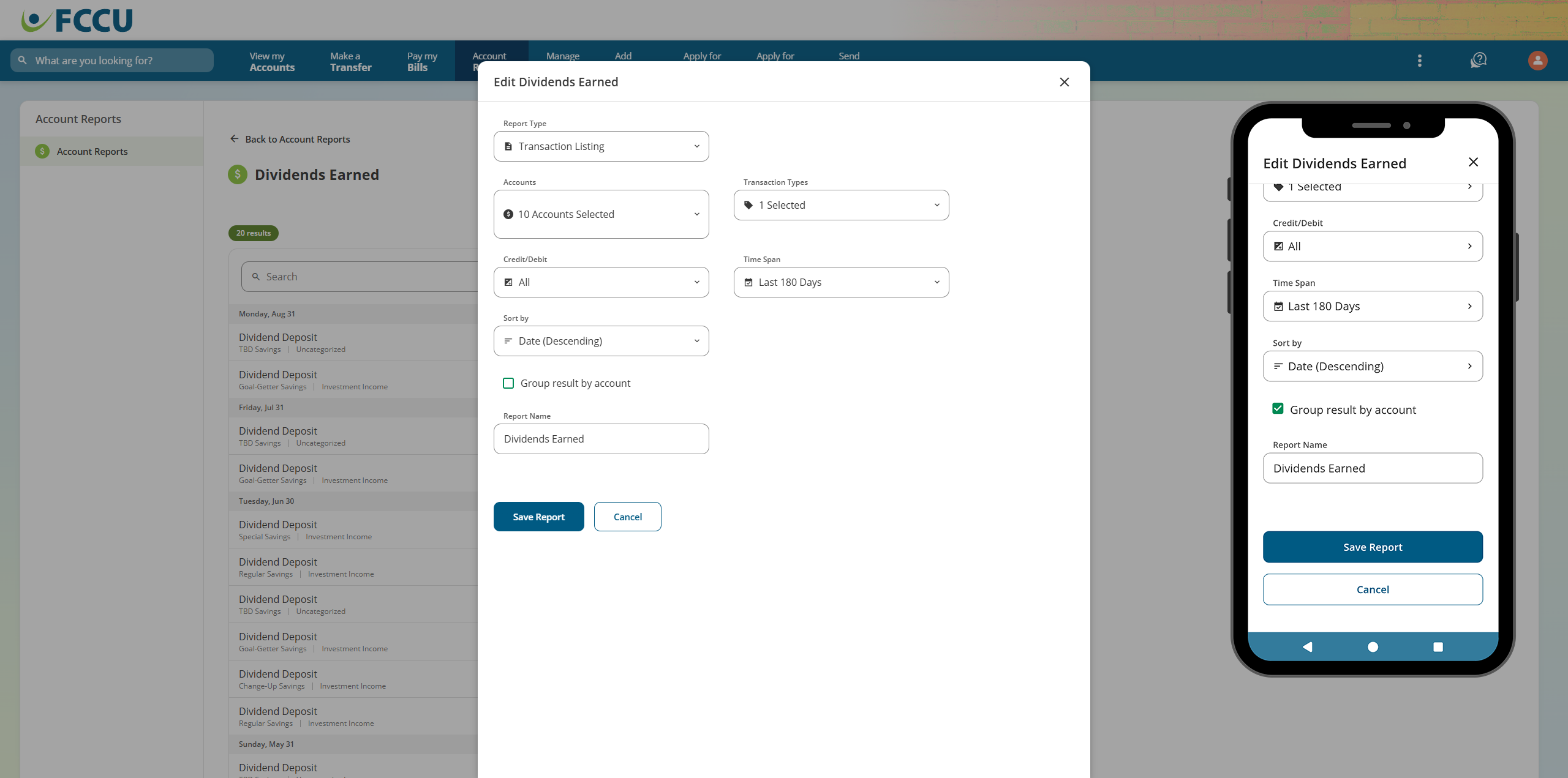 Screenshot of digital banking 'Edit Report' pop-up.