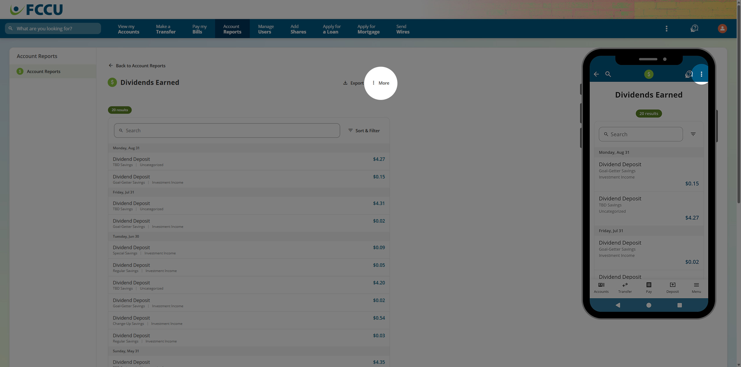 Screenshot of digital banking 'Report' page.