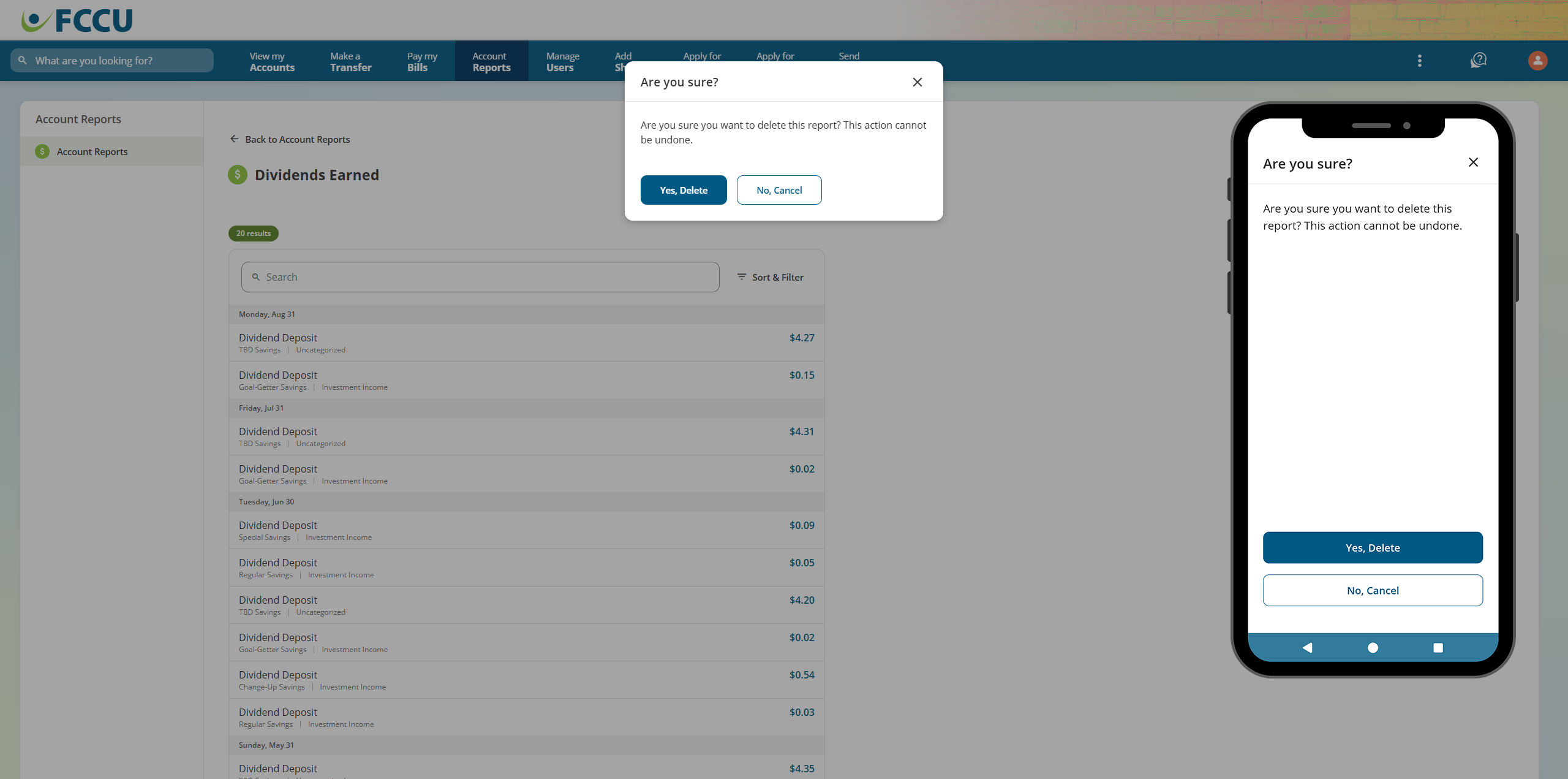 Screenshot of digital banking 'Are you sure?' pop-up.